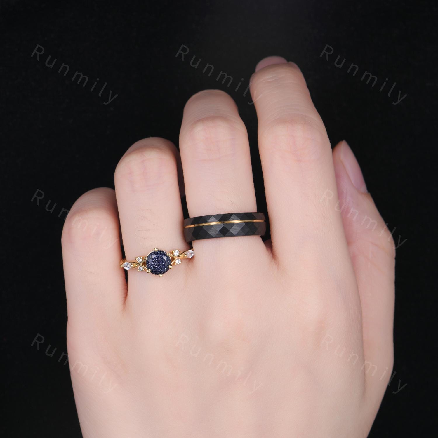 Orion Nebula Ring Set, Matching Promise Rings for Couples, Blue Sandstone Rings Engagement Ring Anniversary Gift, Yellow Gold Rings