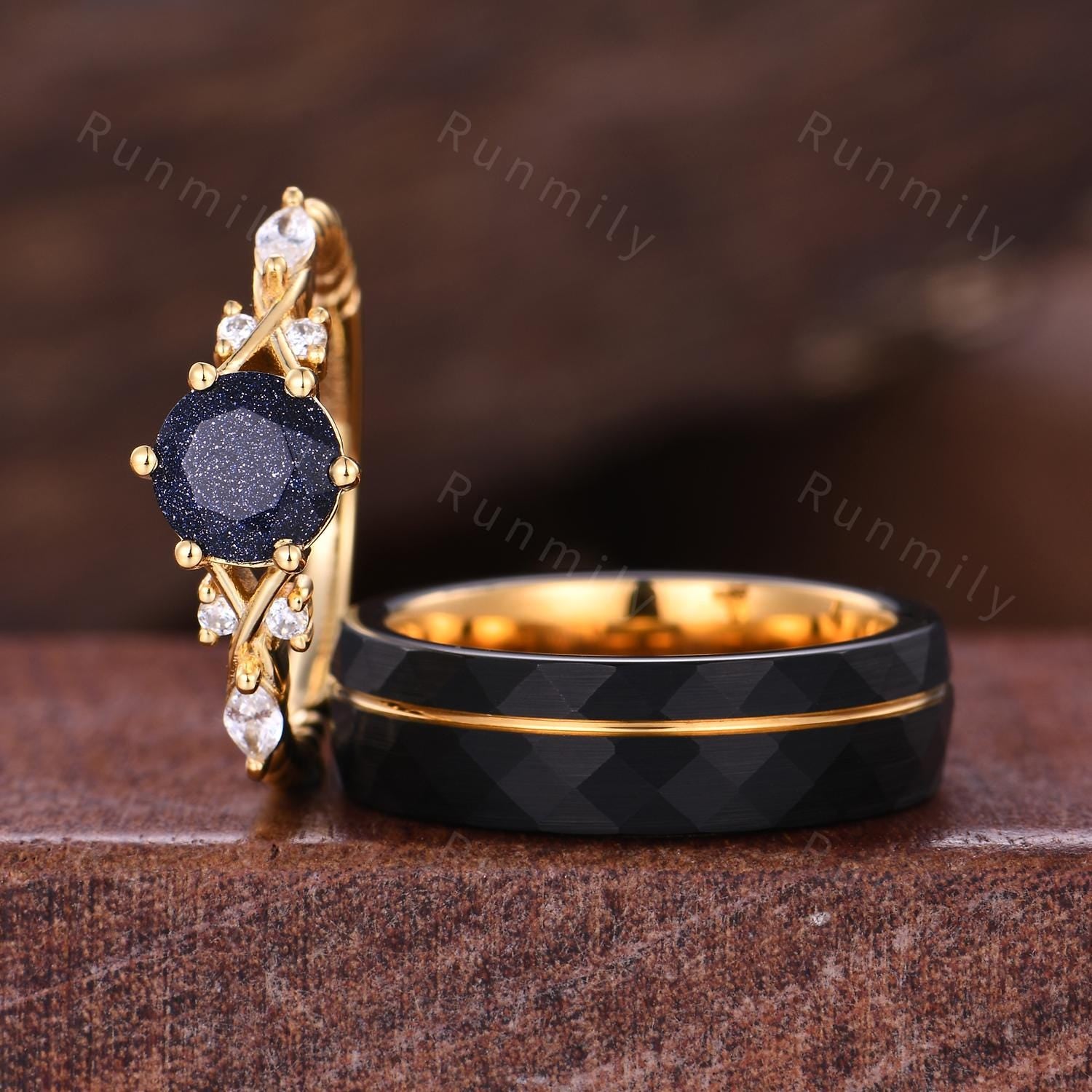 Orion Nebula Ring Set, Matching Promise Rings for Couples, Blue Sandstone Rings Engagement Ring Anniversary Gift, Yellow Gold Rings