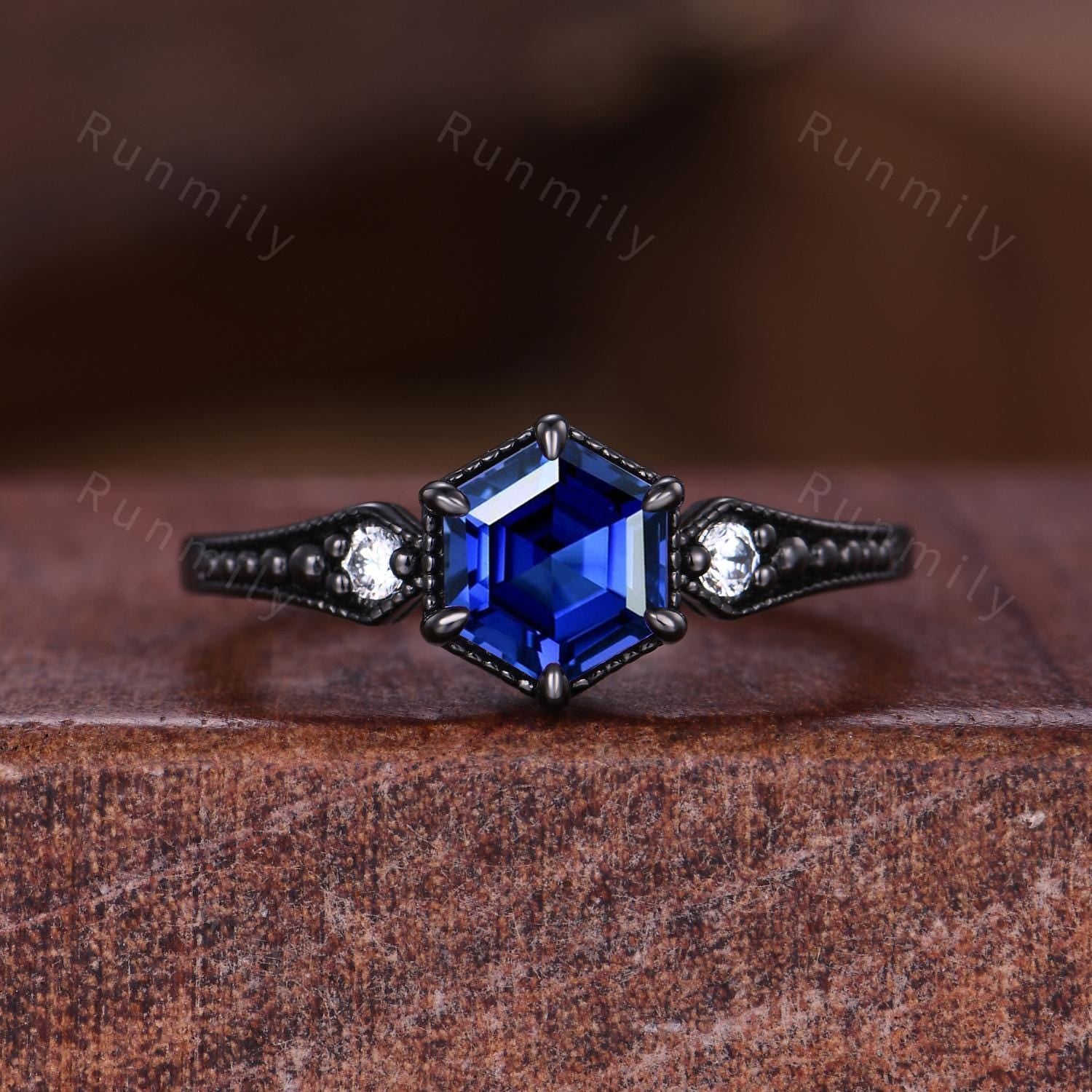 Gothic Hexagon Blue Sandstone Couple Ring Set Unique Black Rings His and Hers Wedding Band Mens Galaxy Tungsten Ring Couples Promise Rings