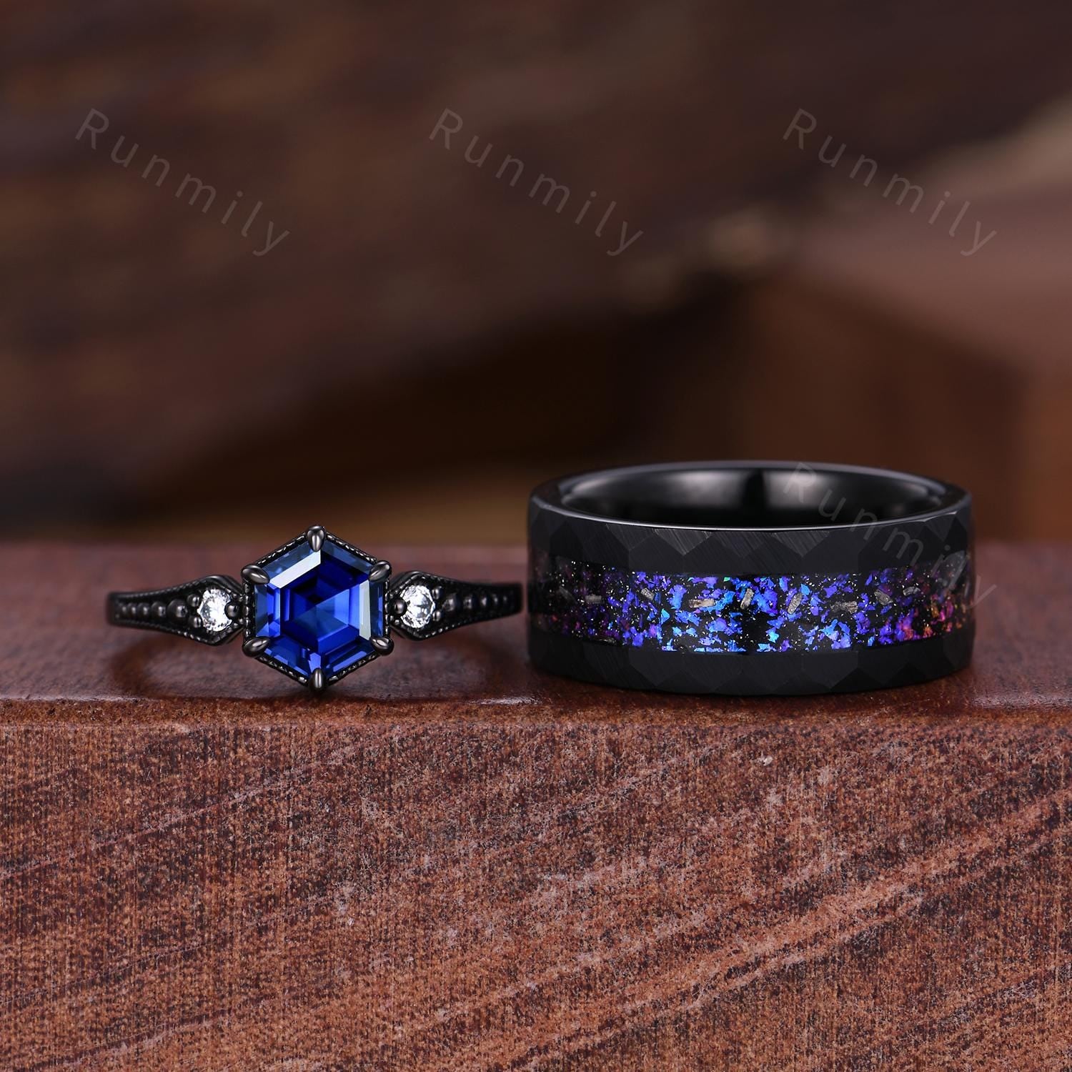 Gothic Hexagon Blue Sandstone Couple Ring Set Unique Black Rings His and Hers Wedding Band Mens Galaxy Tungsten Ring Couples Promise Rings