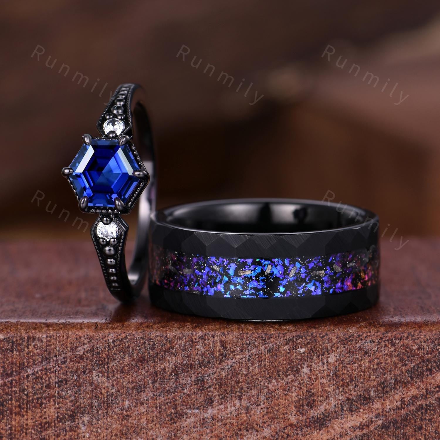 Gothic Hexagon Blue Sandstone Couple Ring Set Unique Black Rings His and Hers Wedding Band Mens Galaxy Tungsten Ring Couples Promise Rings