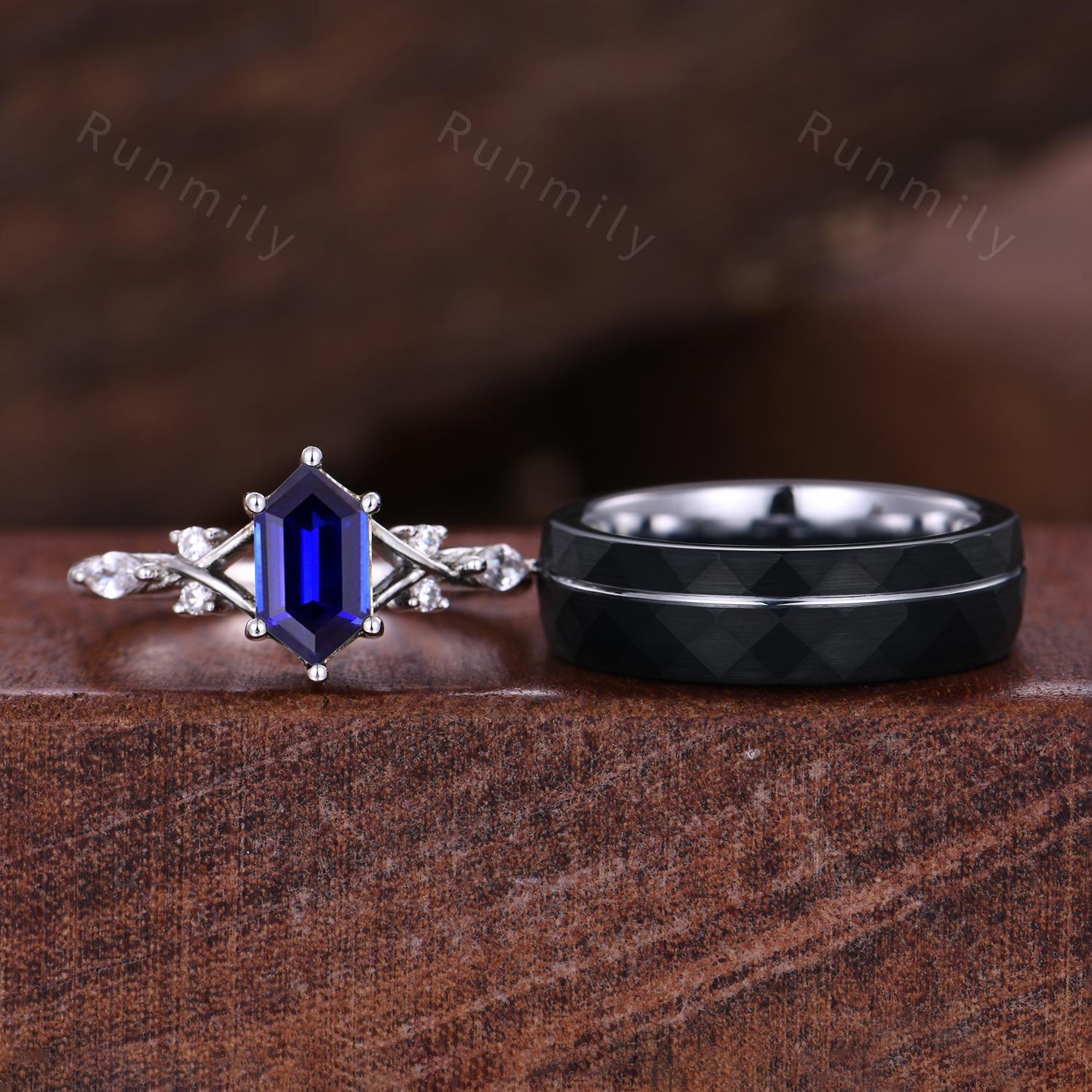 Vintage Blue Sapphire Couples Ring Rose Gold Matching Ring Set His and Hers Wedding Band Promise Ring For Men For Women September Birthstone