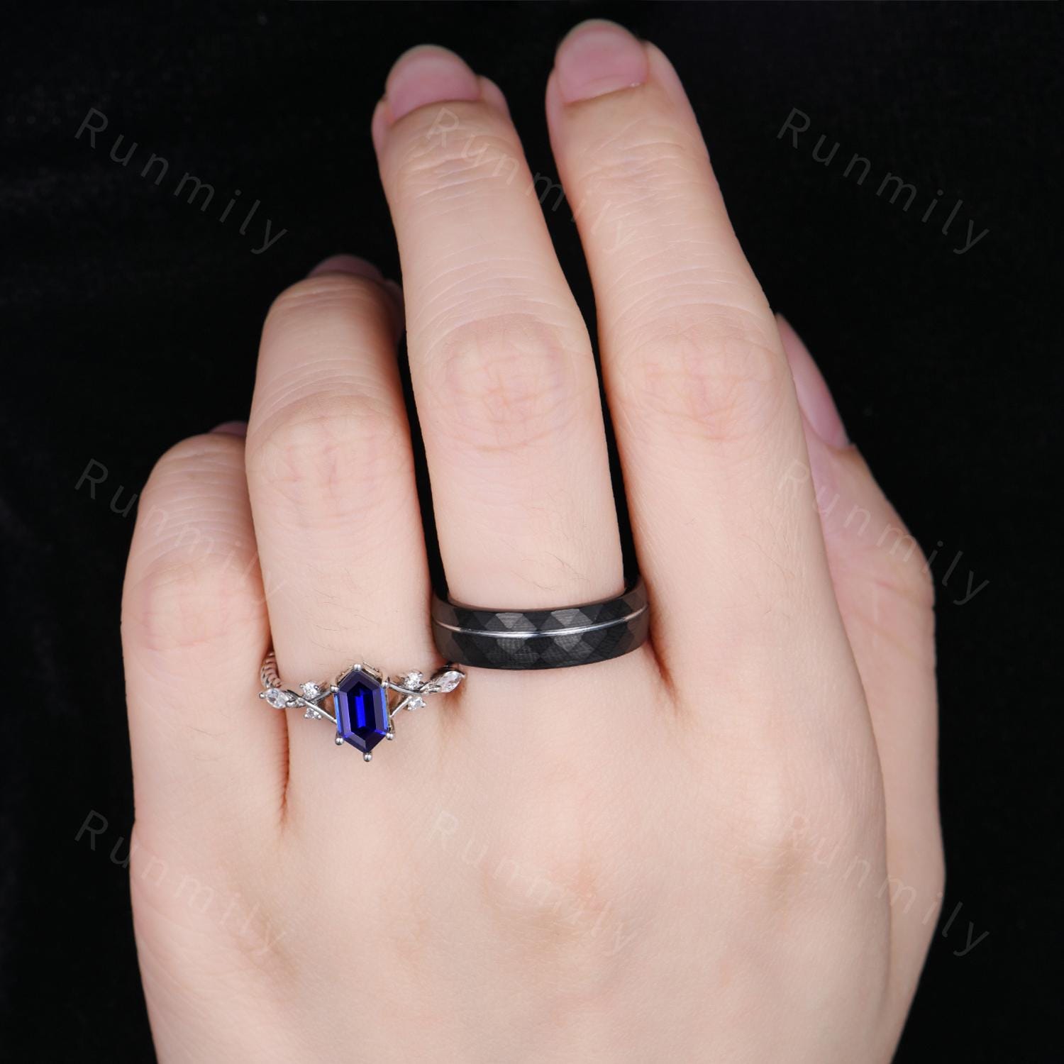Vintage Blue Sapphire Couples Ring Rose Gold Matching Ring Set His and Hers Wedding Band Promise Ring For Men For Women September Birthstone