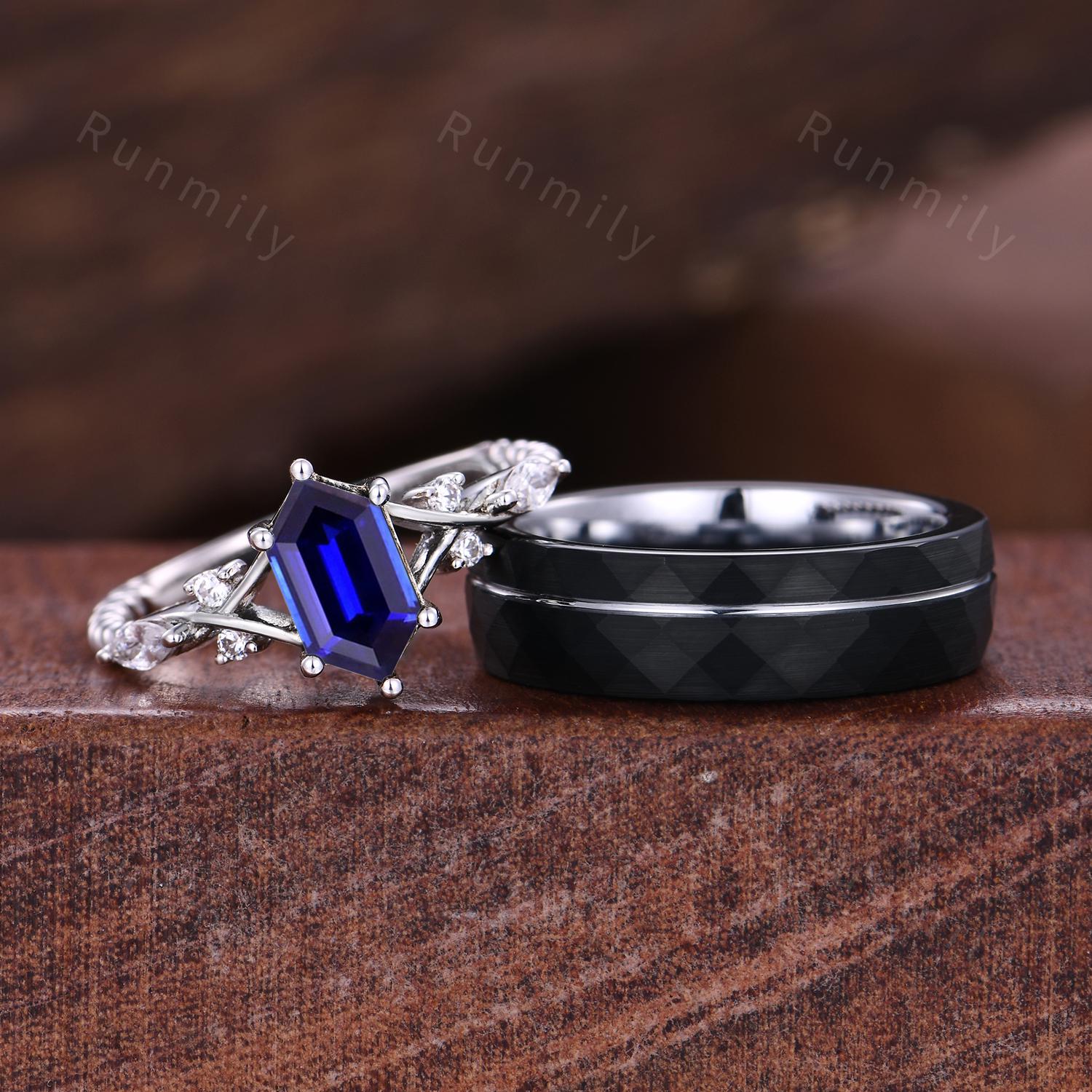 Vintage Blue Sapphire Couples Ring Silver Matching Ring Set His and Hers Wedding Band Promise Ring For Men For Women September Birthstone