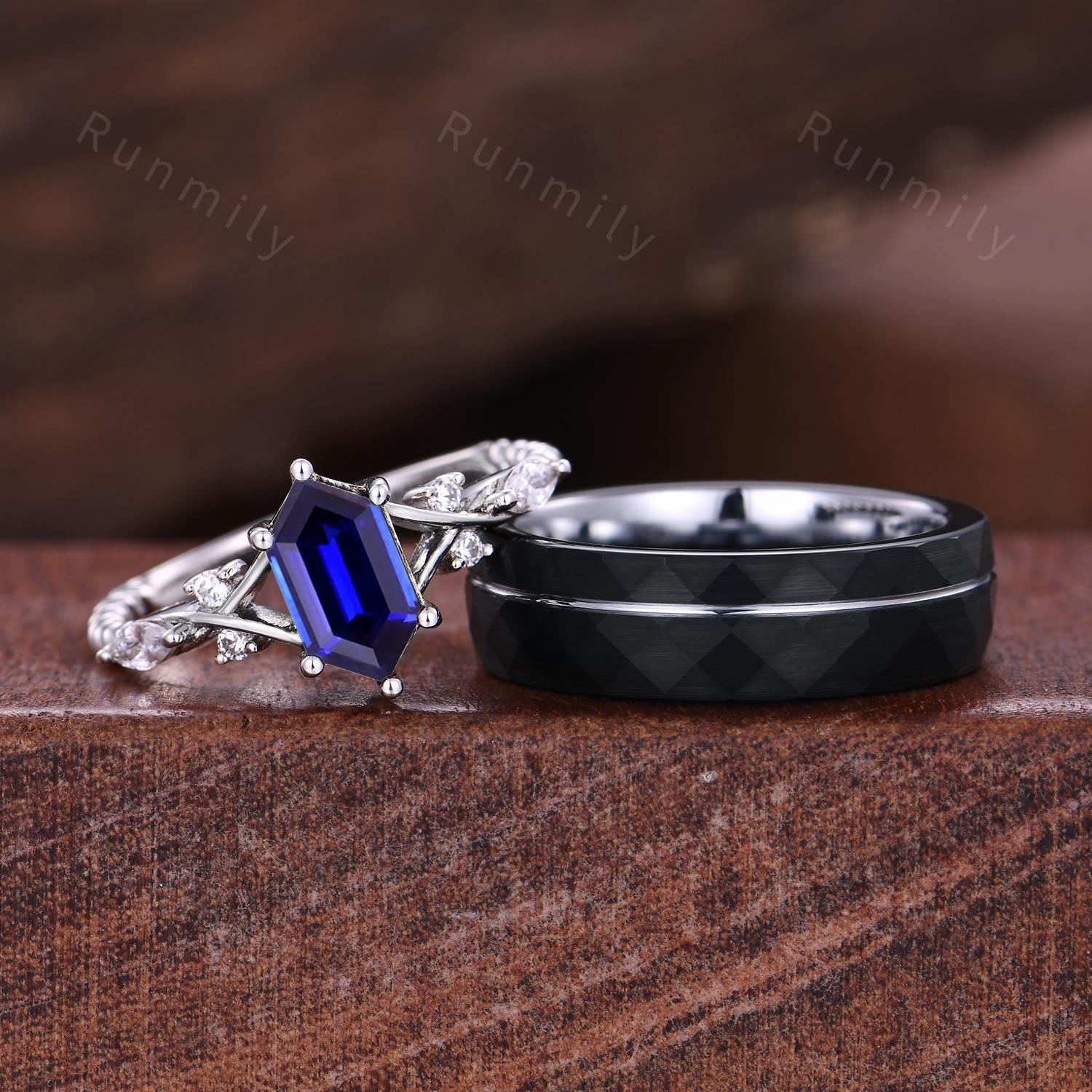Vintage Blue Sapphire Couples Ring Rose Gold Matching Ring Set His and Hers Wedding Band Promise Ring For Men For Women September Birthstone