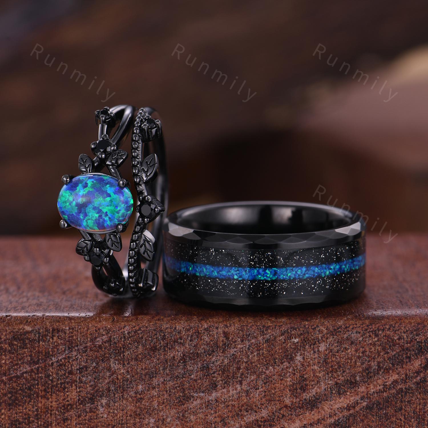 Vintage Blue Opal Wedding Ring Set For Couples Black Gold His and Her Wedding Band Opal Tungsten Mens Ring Nature Inspired Promise Rings