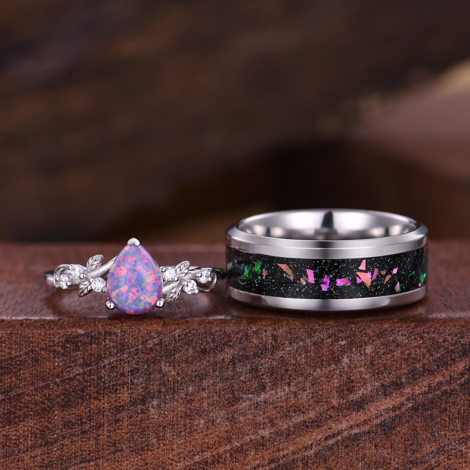 Pear cut Purple Opal Couples Ring Lavender Opal Matching Ring Set His and Hers Wedding Band Promise Rings For Men For Women Vine Leaf Ring