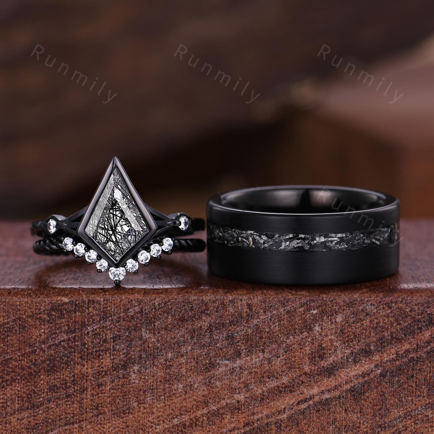 Natural Black Rutilated Quartz Couples Ring Black Gold Promise Ring Set Art Deco His and Hers Wedding Band Mens Meteorite Ring Black Gems