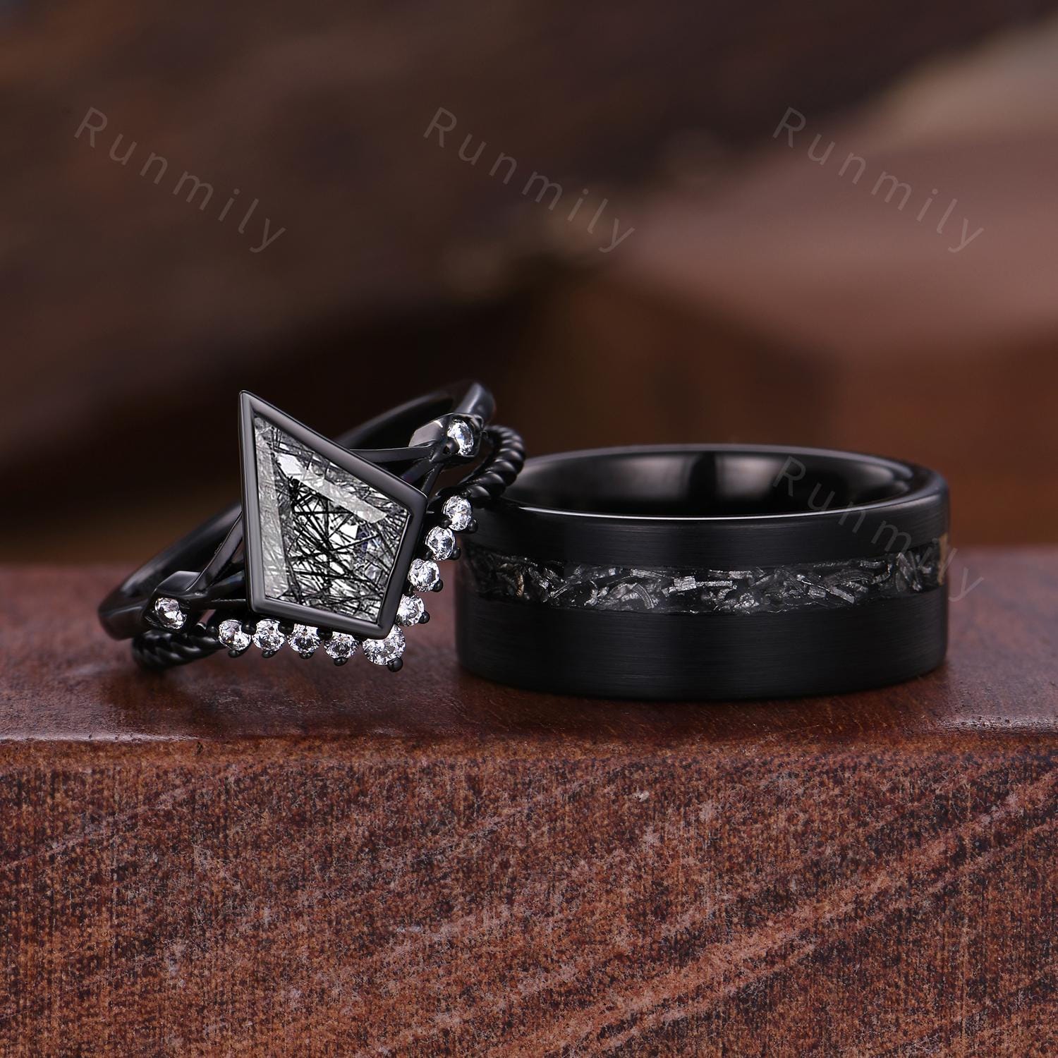 Natural Black Rutilated Quartz Couples Ring Black Gold Promise Ring Set Art Deco His and Hers Wedding Band Mens Meteorite Ring Black Gems