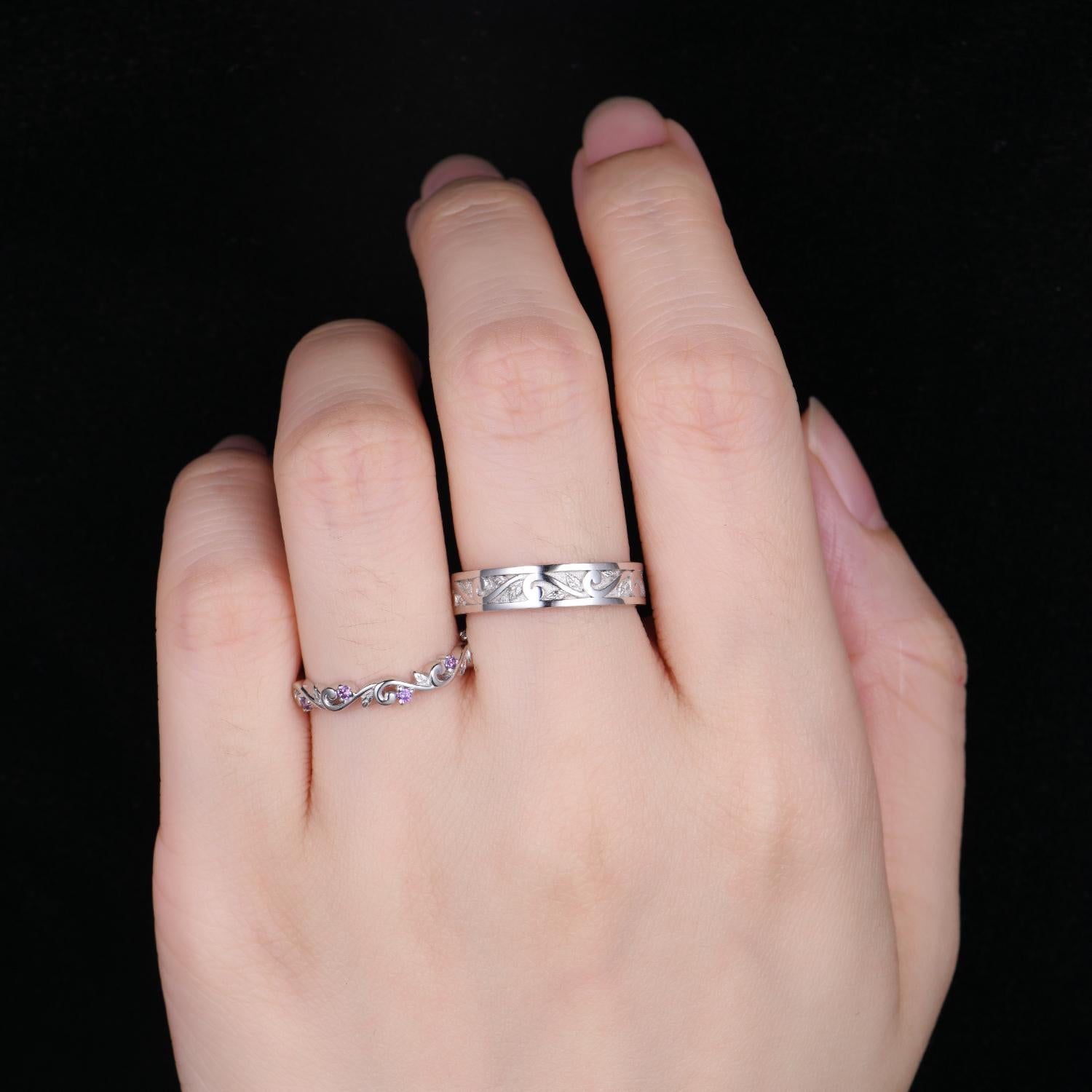 2pcs Couple Rings Set Inspired Leaf Amethyst Engagement Ring For Women Vintage Leaf Wedding Band For Men Unique Wedding Anniversary Ring Set