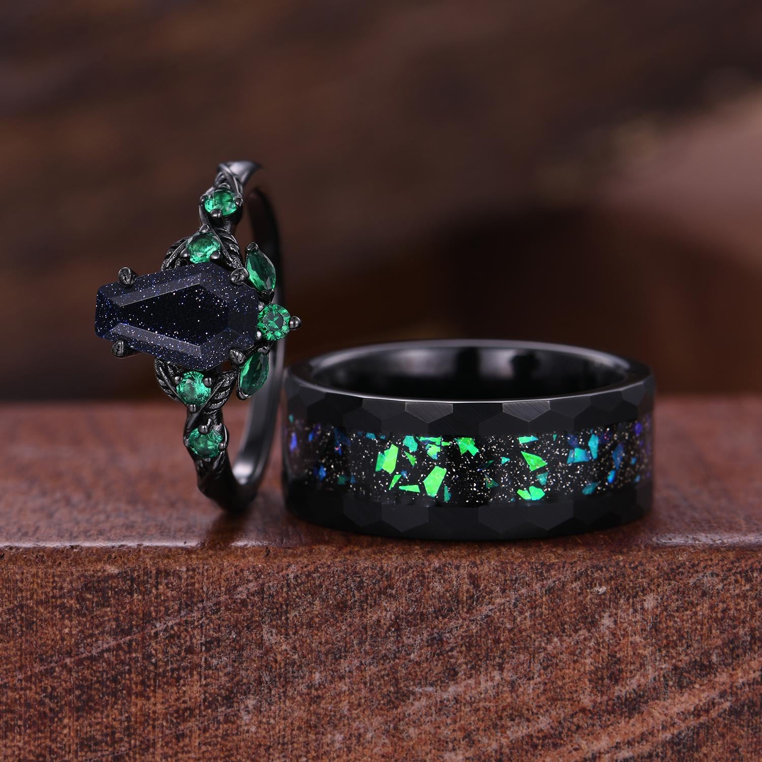 Coffin cut galaxy sandstone couples ring set starry sky matching promise rings His and Her wedding band Mens hammered ring anniversary gifts