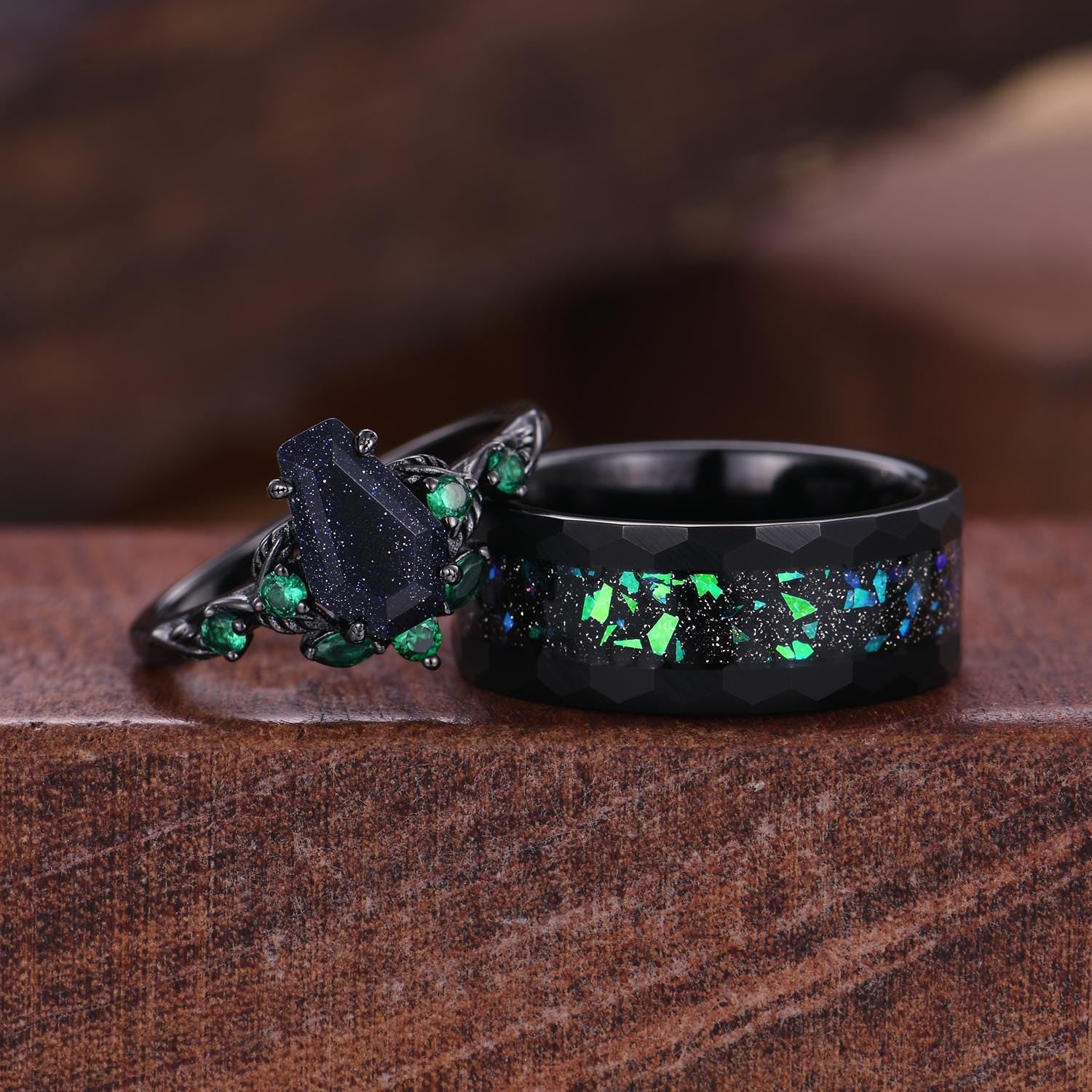 Coffin cut galaxy sandstone couples ring set starry sky matching promise rings His and Her wedding band Mens hammered ring anniversary gifts