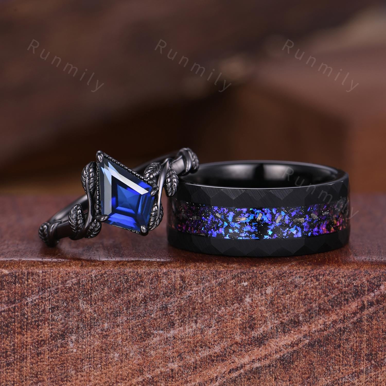 Kite cut Blue Sapphire Rings, Orion Nebula Ring, Starry Sky Couples Ring Set, Vine Leaf Ring, Mens Galaxy Tungsten Band, September Rings