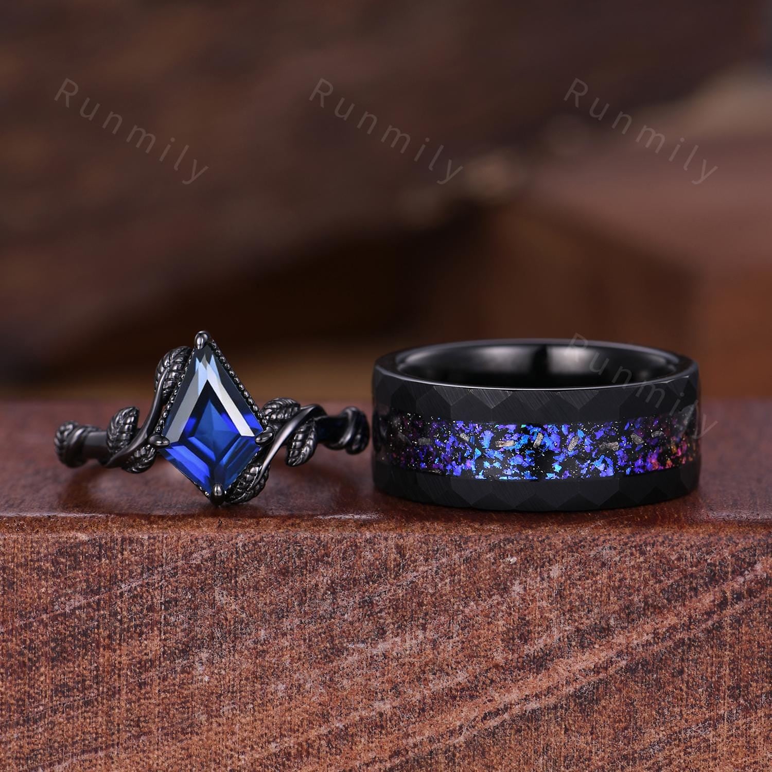 Kite cut Blue Sapphire Rings, Orion Nebula Ring, Starry Sky Couples Ring Set, Vine Leaf Ring, Mens Galaxy Tungsten Band, September Rings