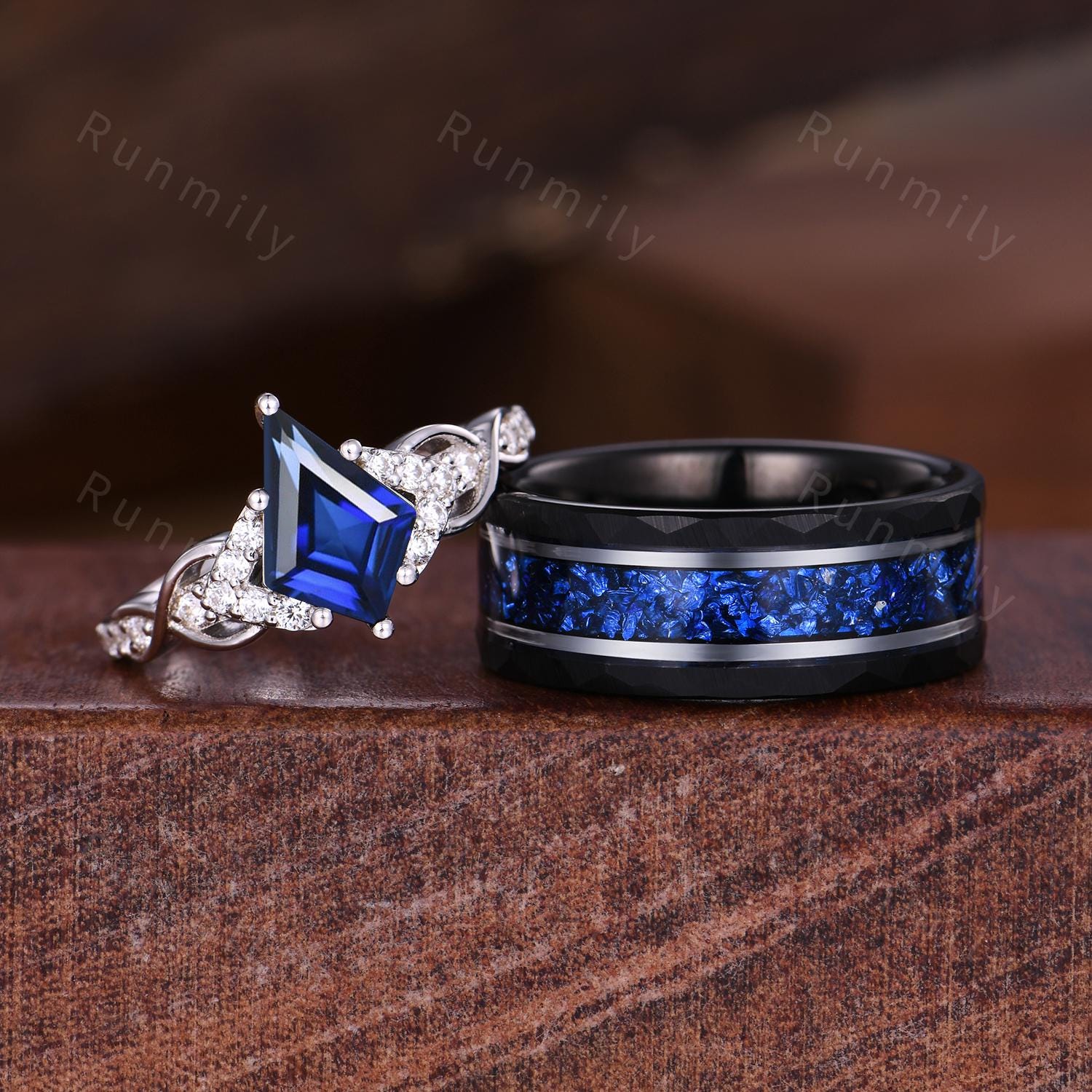 Blue Nebula Ring Set, Kite Sapphire Couple Promise Rings, His and Hers Wedding Band, Mens Crushed Sapphire Ring, September Birthstone Rings