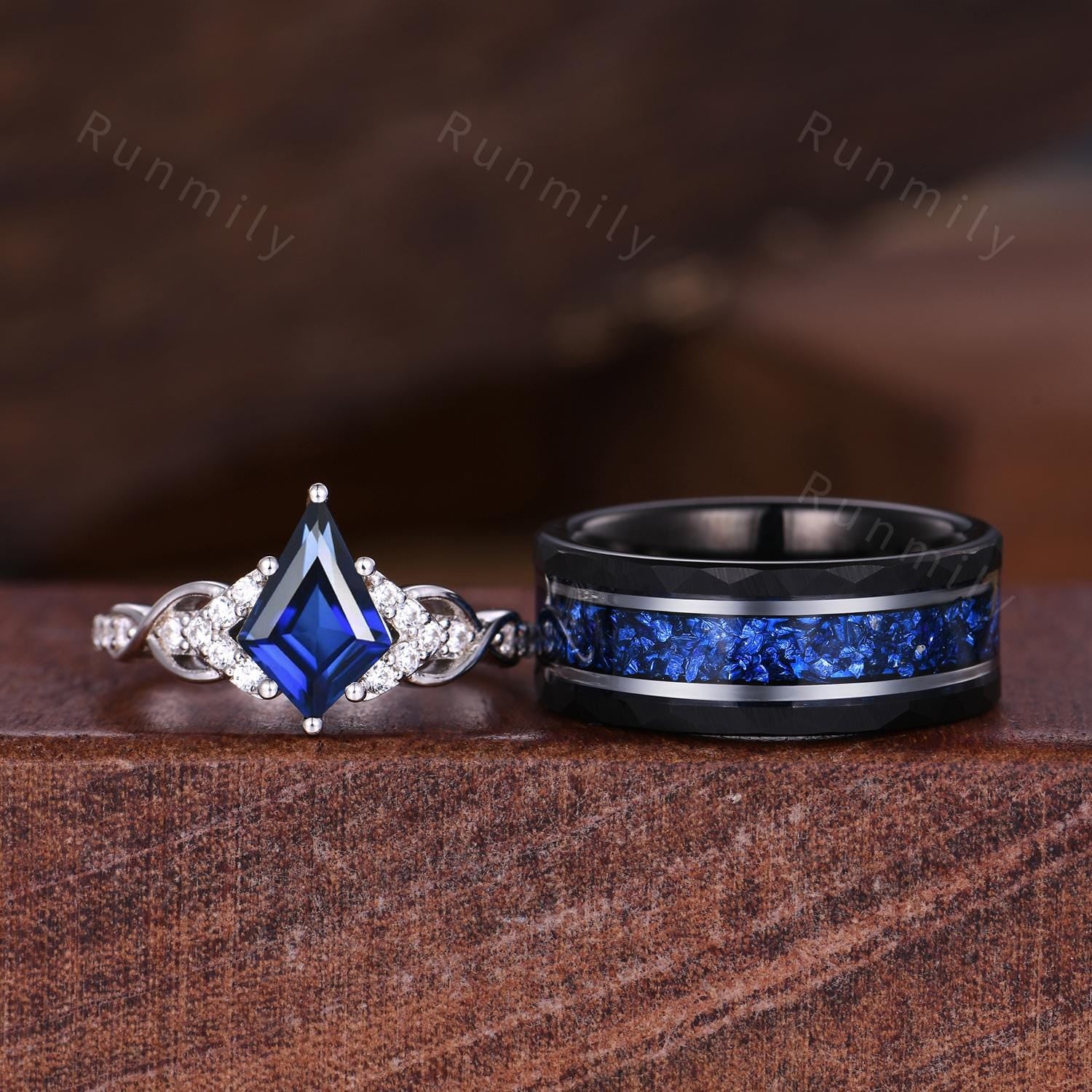 Blue Nebula Ring Set, Kite Sapphire Couple Promise Rings, His and Hers Wedding Band, Mens Crushed Sapphire Ring, September Birthstone Rings