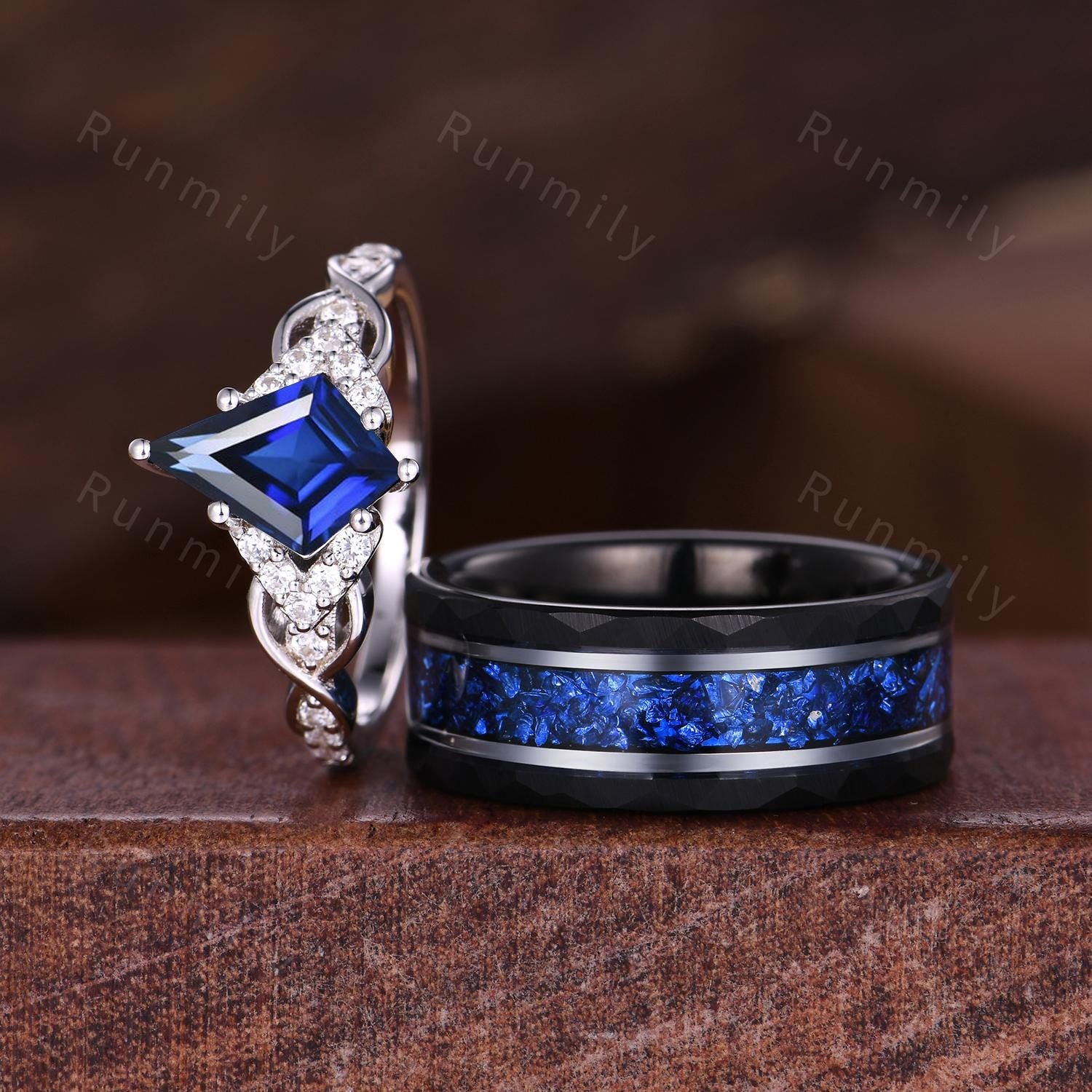 Blue Nebula Ring Set, Kite Sapphire Couple Promise Rings, His and Hers Wedding Band, Mens Crushed Sapphire Ring, September Birthstone Rings