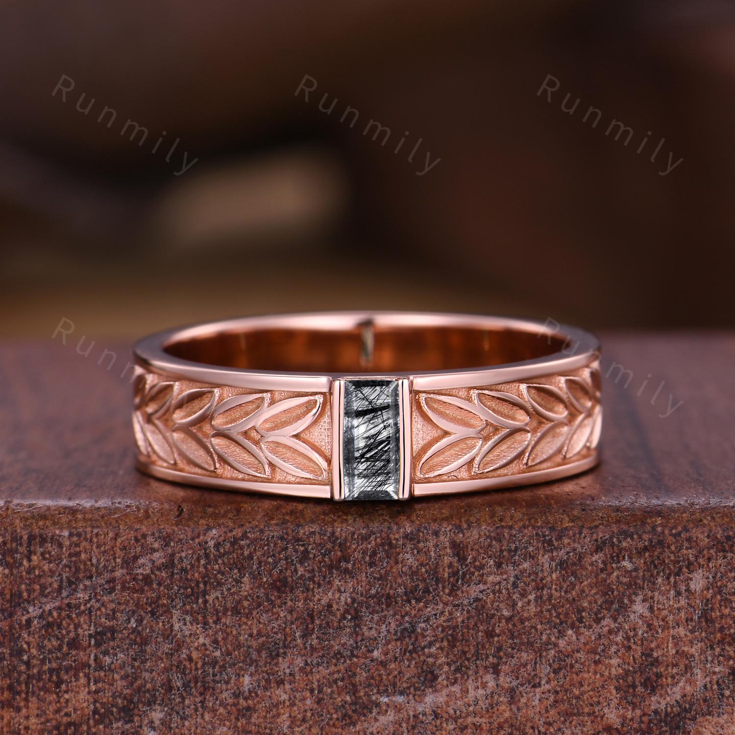 Mens Black Quartz Wedding Band Baguette Cut Band 5mm Rose Gold Ring Mens Vine Leaf Stacking Matching Band Retro Vintage Ring Gift for Him