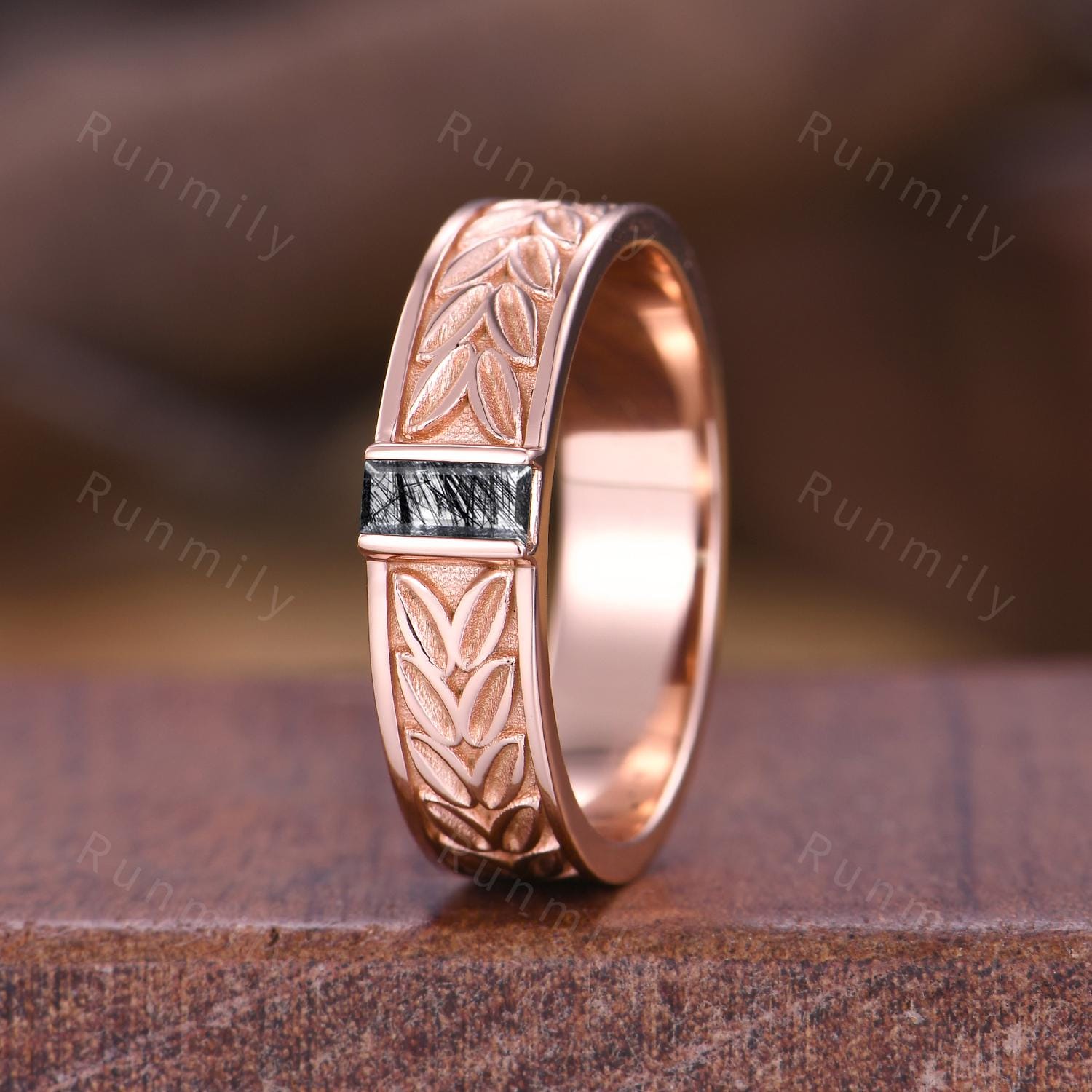 Mens Black Quartz Wedding Band Baguette Cut Band 5mm Rose Gold Ring Mens Vine Leaf Stacking Matching Band Retro Vintage Ring Gift for Him