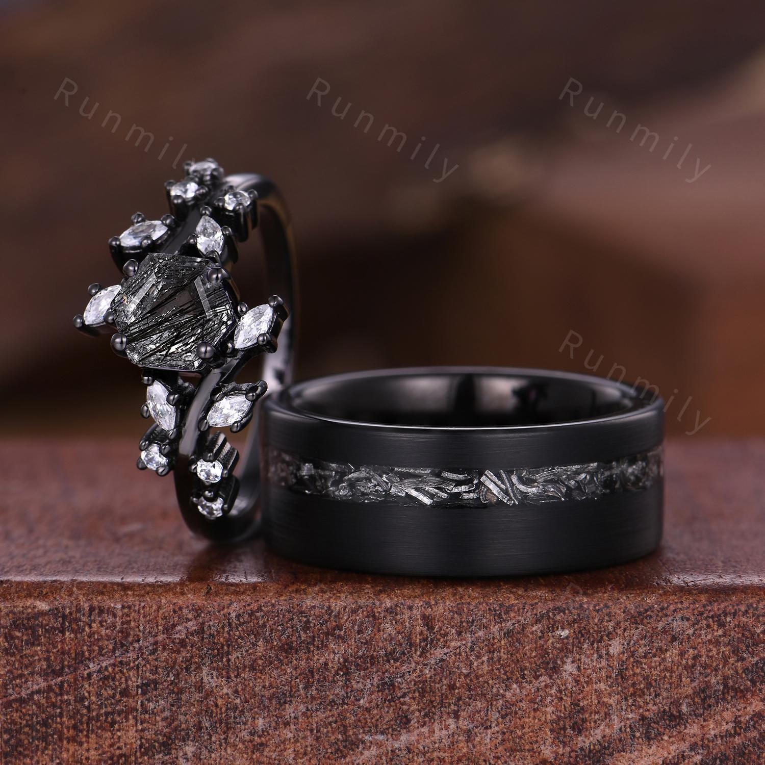 Hexagon Black Rutilated Quartz Couples Ring Black Gold Promise Ring Set Art Deco His and Hers Wedding Band Mens Meteorite Ring Black Rings