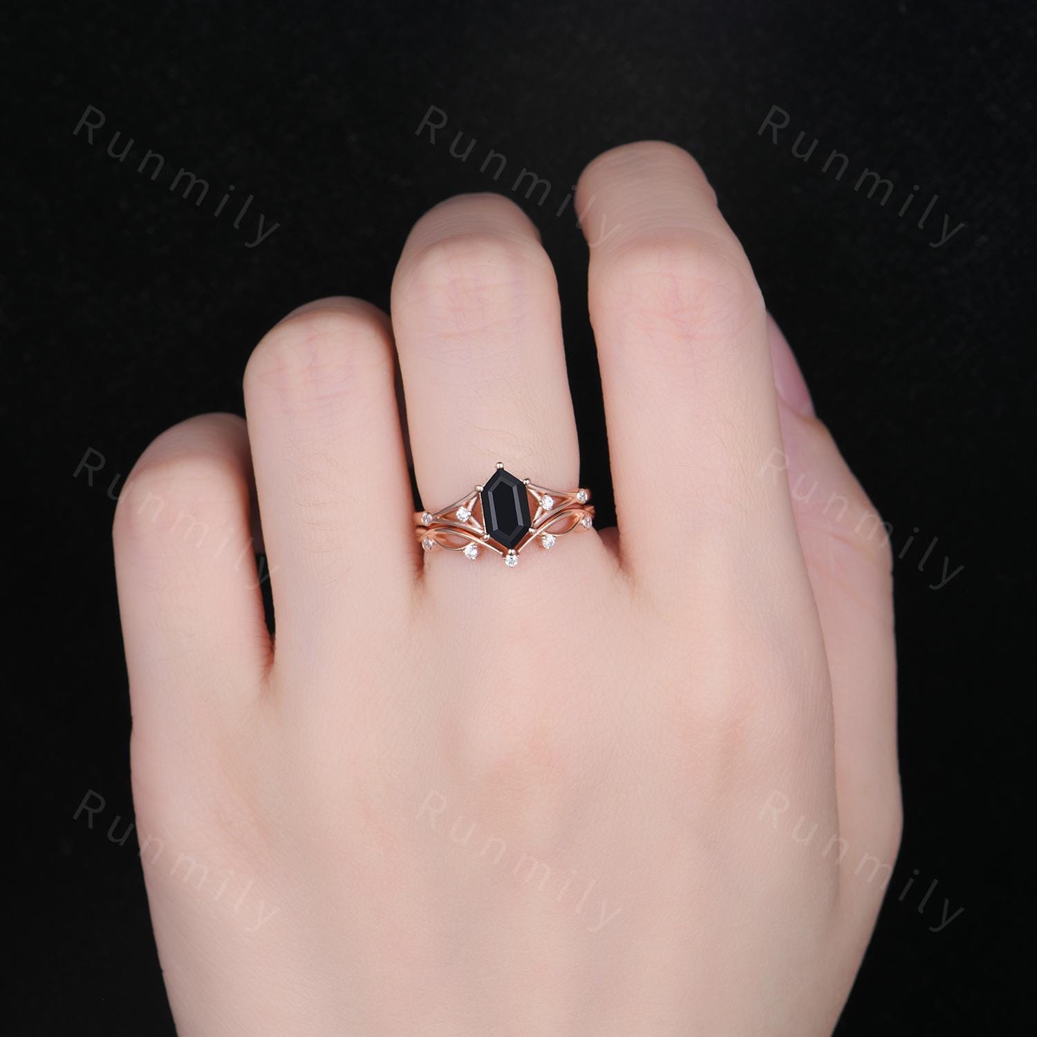 Unique Black Onyx Engagement ring set Cruved stacking wedding band Rose gold split shank moissanite Bridal set Anniversary ring gift