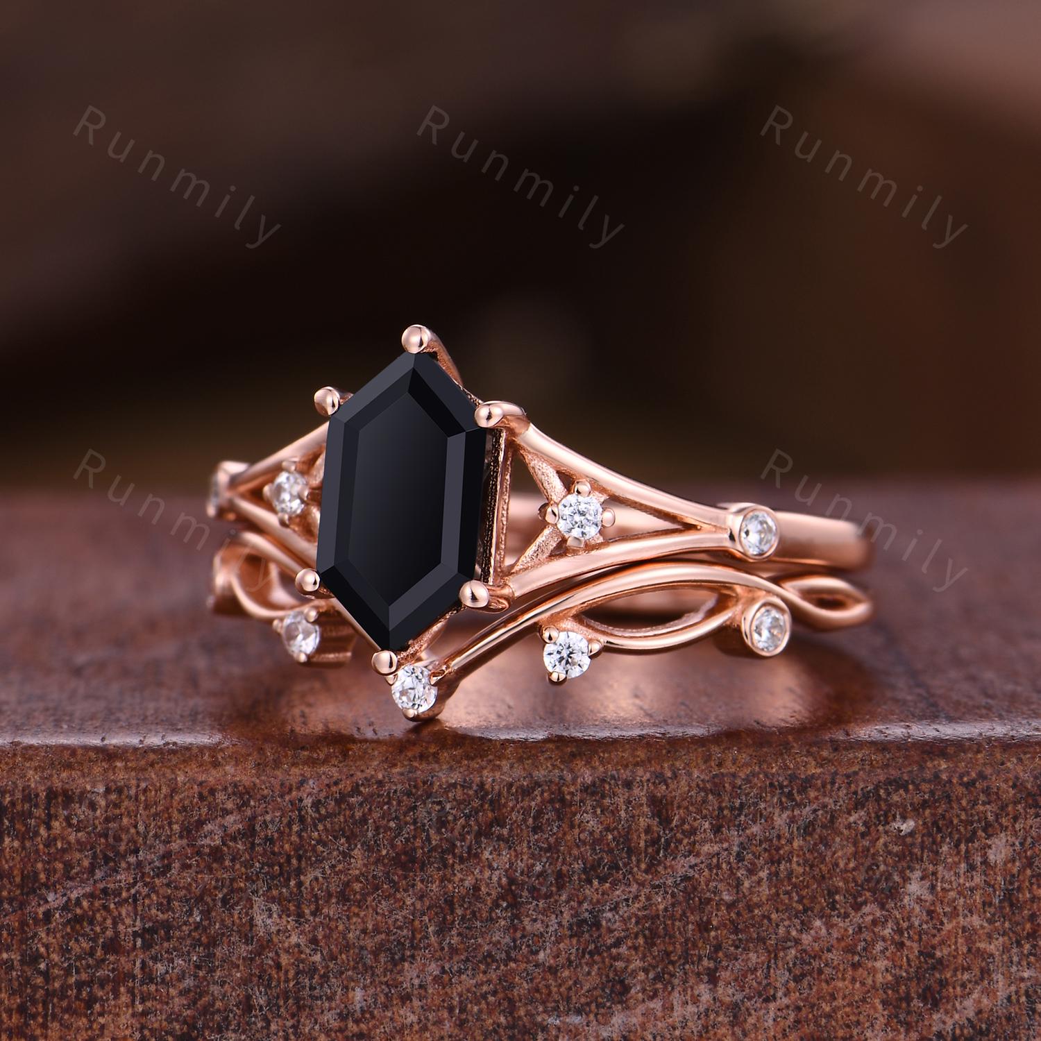 Unique Black Onyx Engagement ring set Cruved stacking wedding band Rose gold split shank moissanite Bridal set Anniversary ring gift