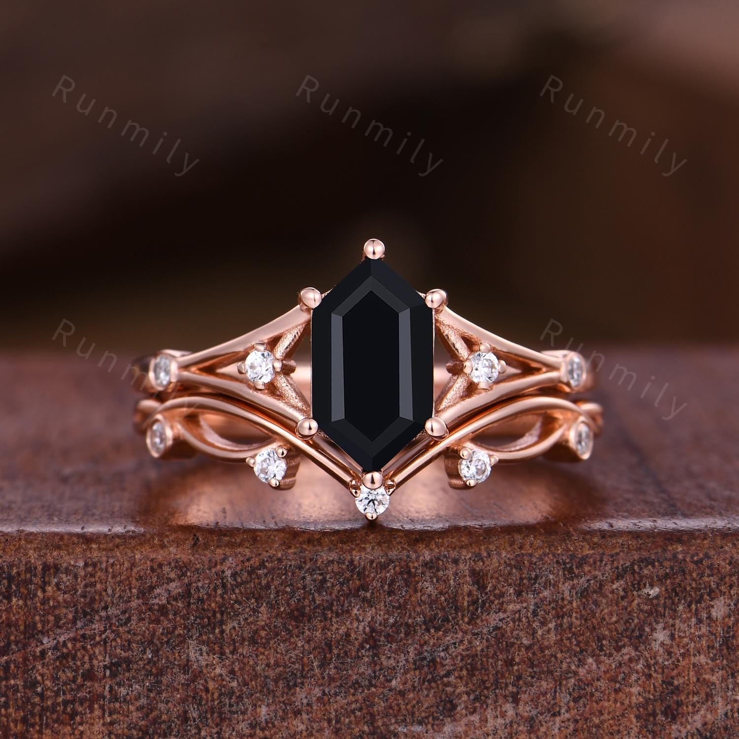 Unique Black Onyx Engagement ring set Cruved stacking wedding band Rose gold split shank moissanite Bridal set Anniversary ring gift