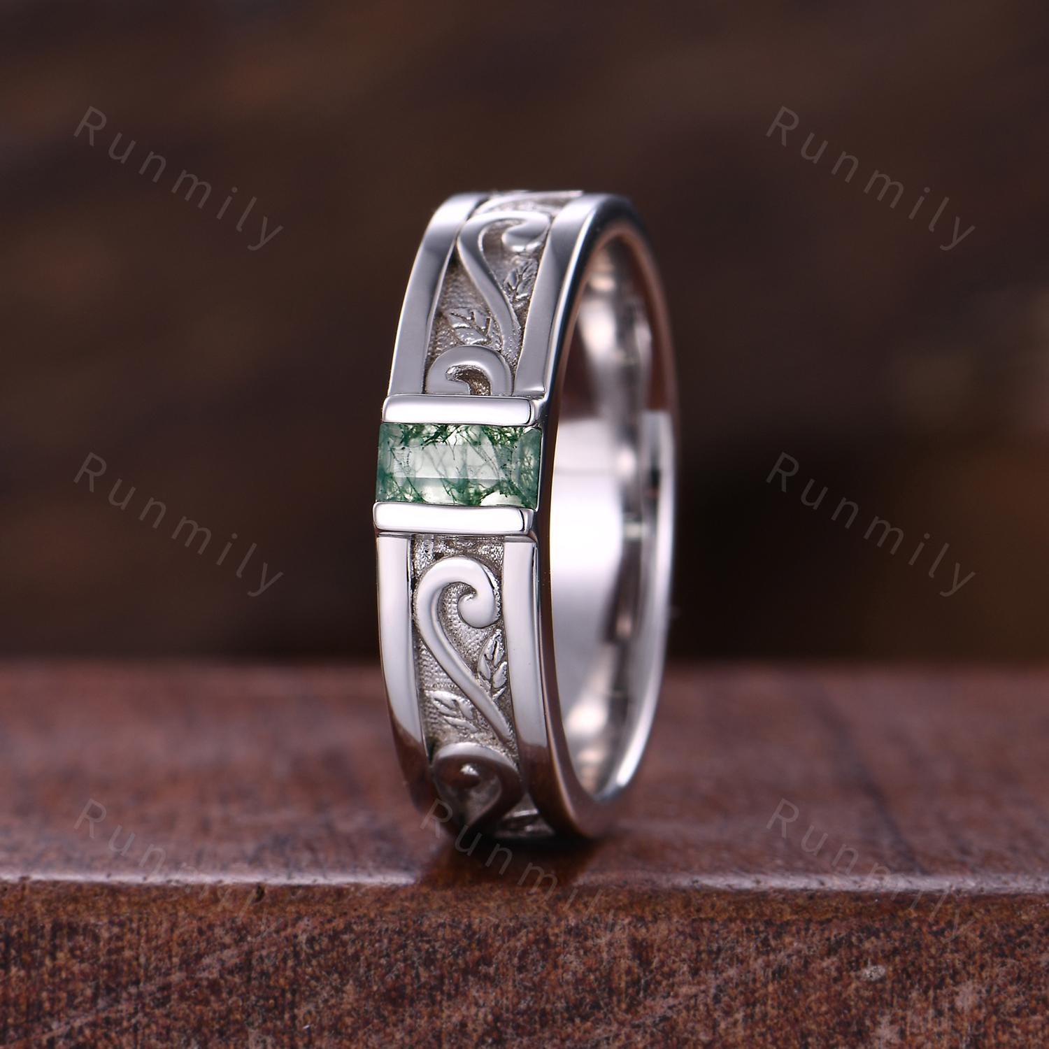 Vintage Mens Moss Agate Band Mens 5mm Wedding Band Baguette Cut Moss Agate Band Mens Wave Leaf Stacking Matching Band Gift For Husband