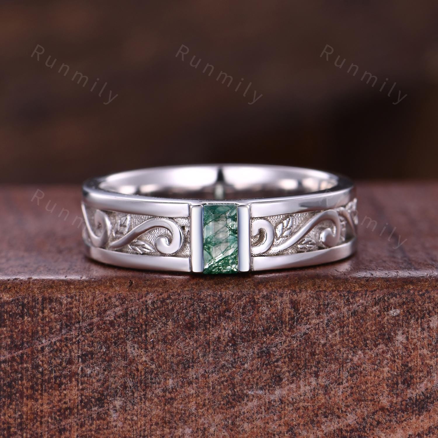 Vintage Mens White Opal Band Mens 5mm Wedding Band Baguette Cut Opal Band Mens Wave Leaf Stacking Matching Band October Gift For Husband