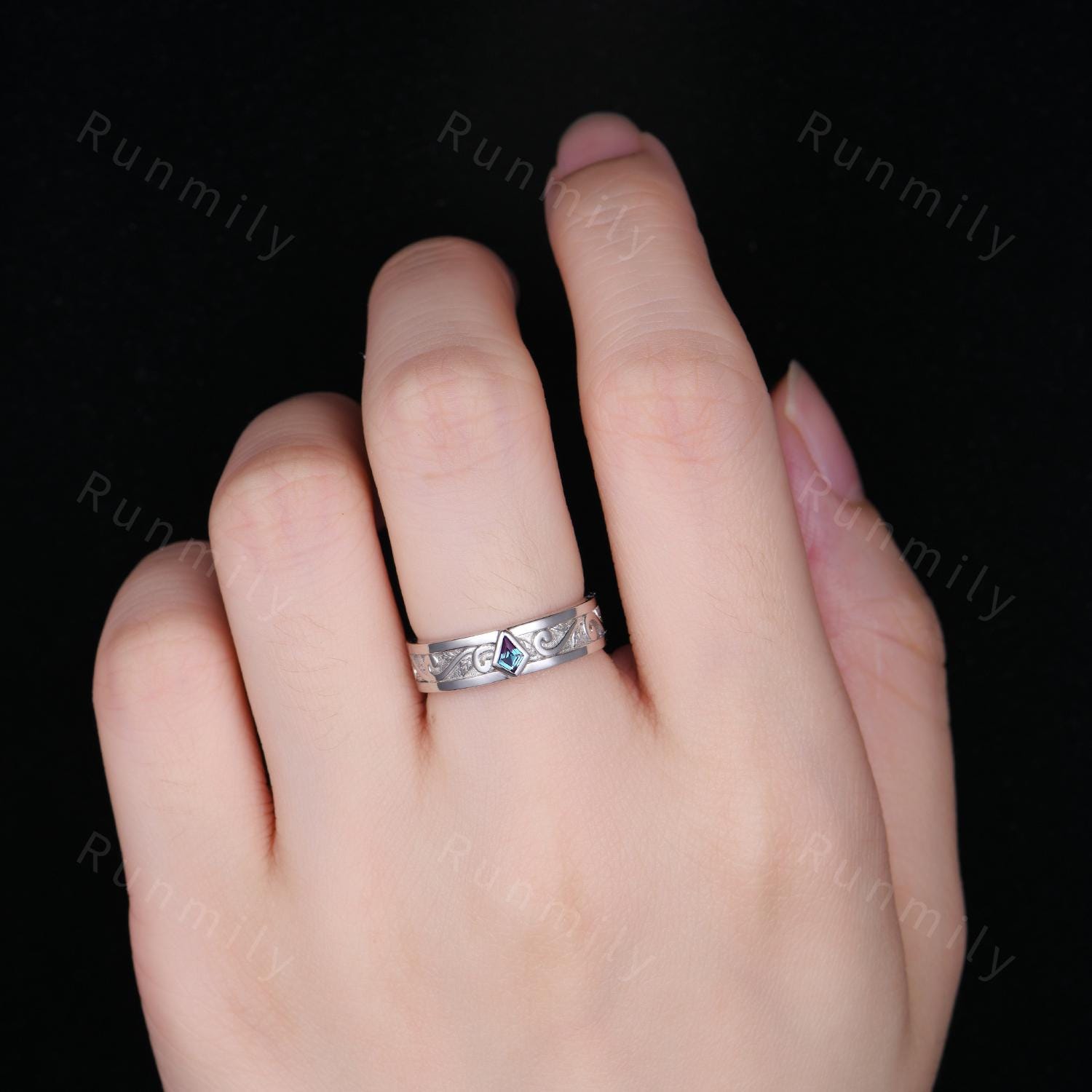 Baguette cut Alexandrite Wedding Band Mens White Gold Wedding Band Lab Alexandrite Mens Band Mens Stacking Matching Band Gift For Husband