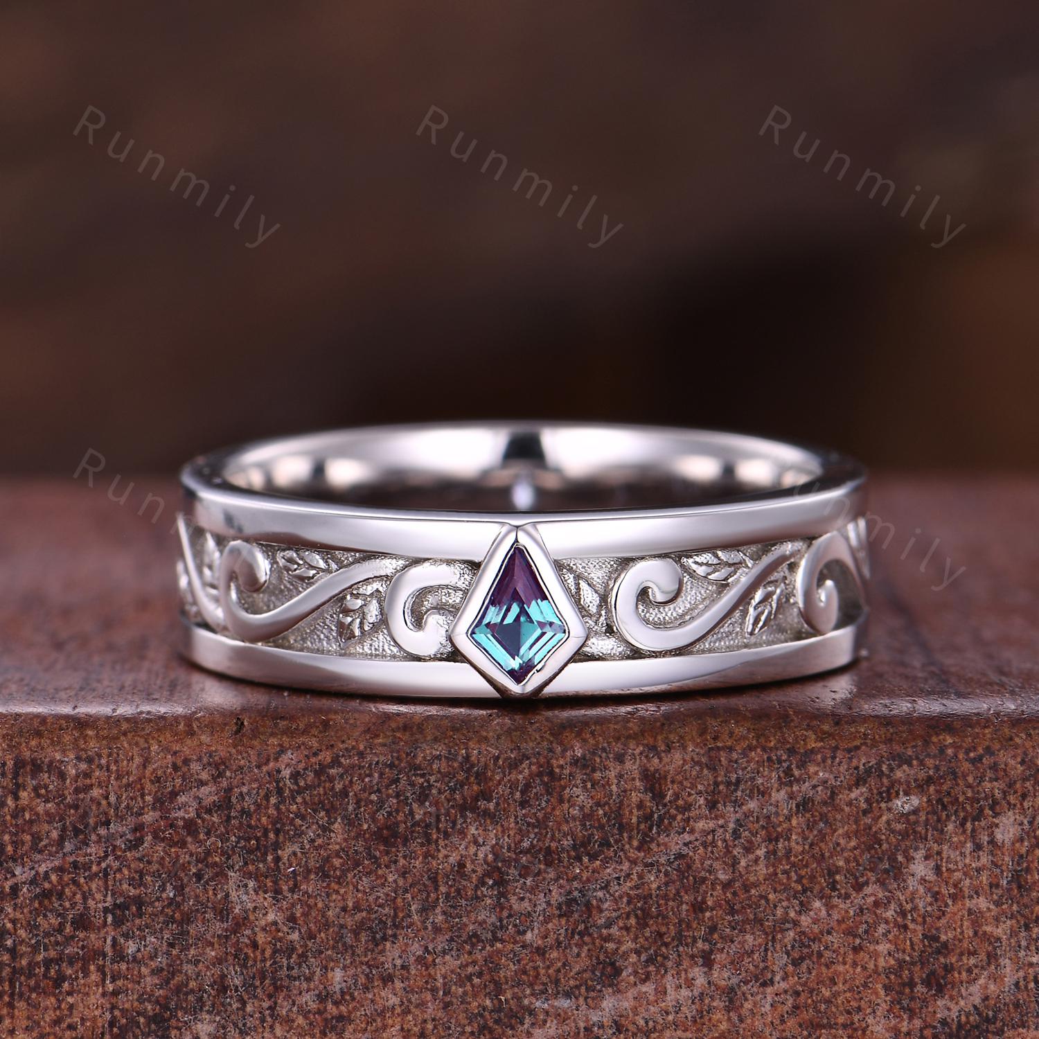 Wave Leaf Blue Sapphire Wedding Band Unique Kite cut Wedding Band Mens 5mm Ring His Engagement Ring Band September Ring Gift For Husband