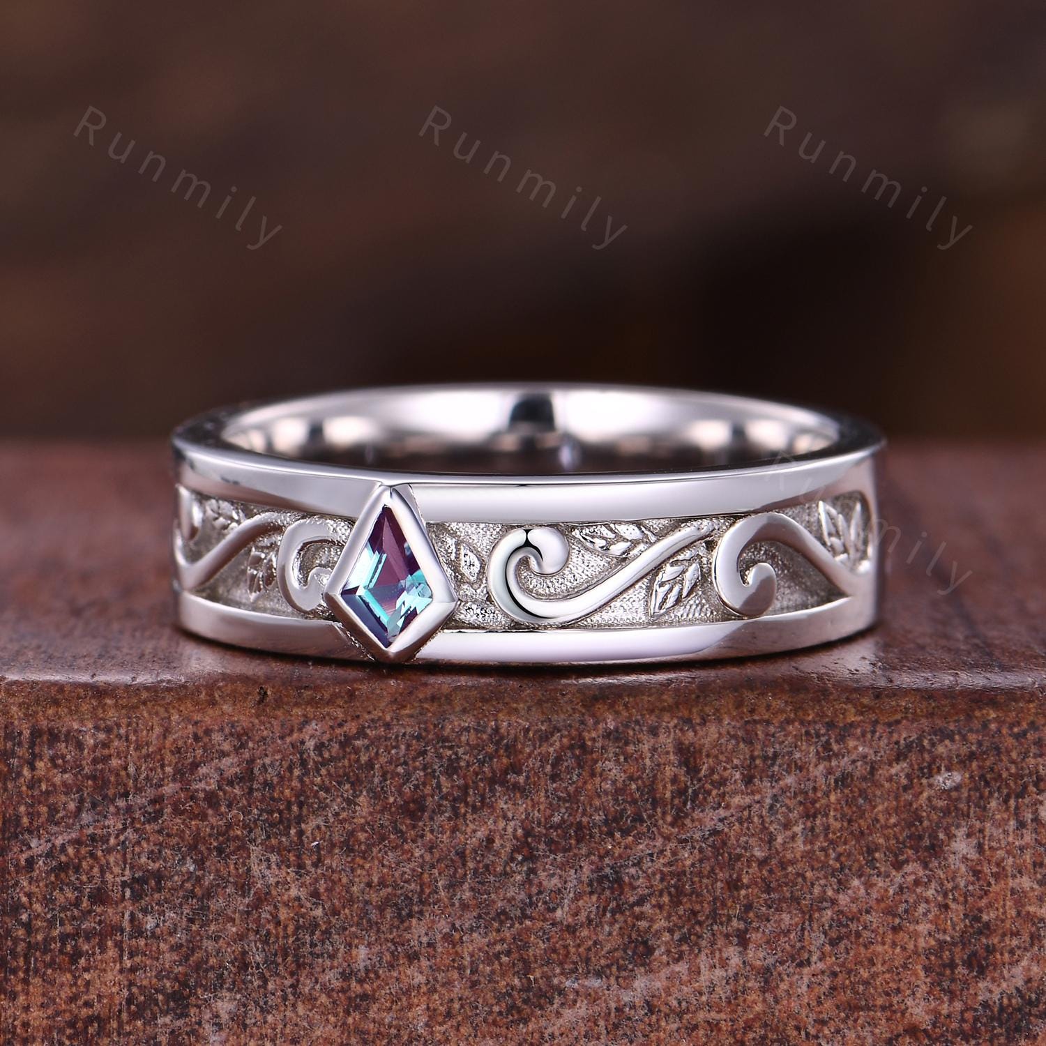 Wave Leaf Alexandrite Wedding Band Unique Kite cut Wedding Band Mens 5mm Ring His Engagement Ring Band June Birthstone Gift For Husband