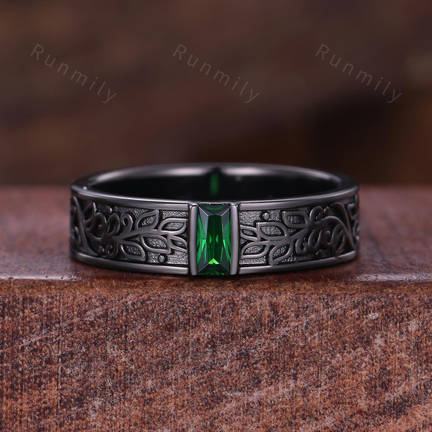 Mens Baguette Cut Blue Sapphire Wedding Band Art Deco Leaf Design Band Black Gold Unique Nature Inspired Stacking Band Retro Vintage Ring