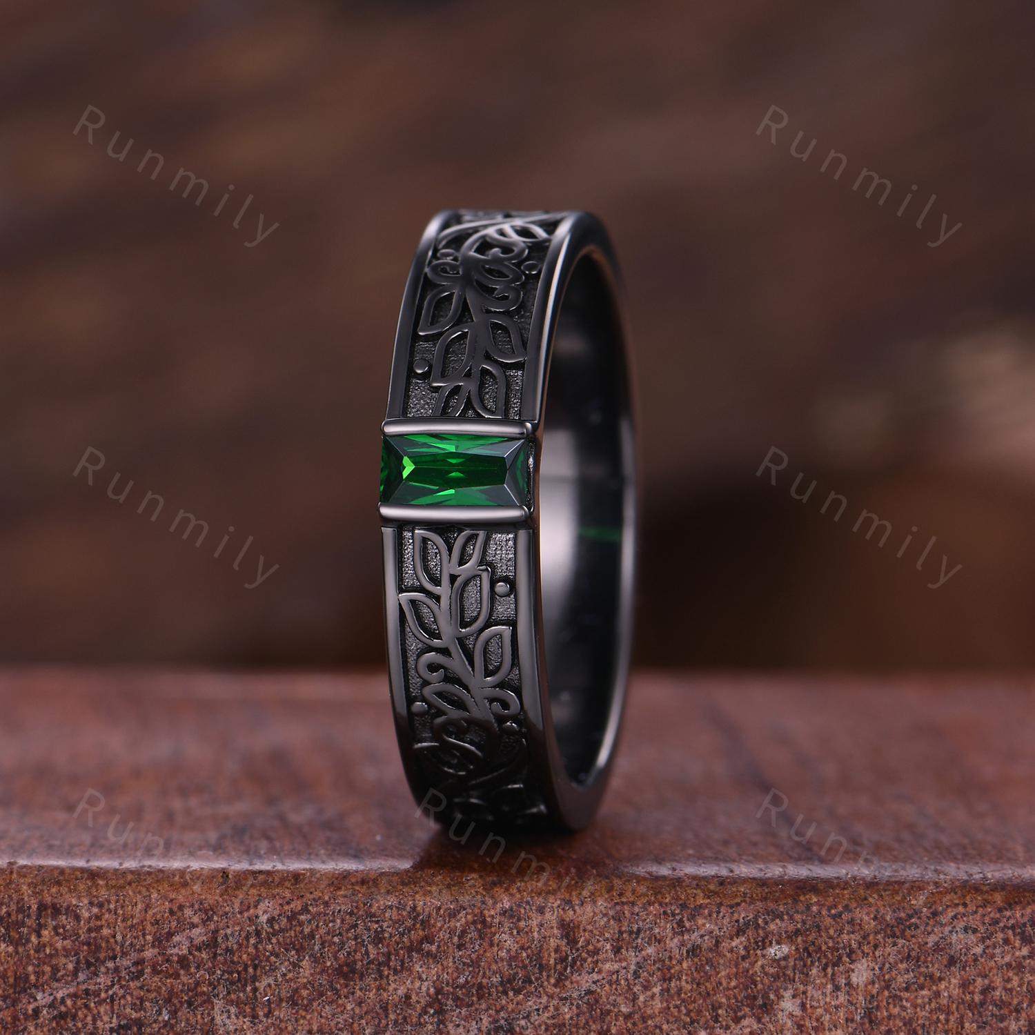 Mens Baguette Cut Blue Sapphire Wedding Band Art Deco Leaf Design Band Black Gold Unique Nature Inspired Stacking Band Retro Vintage Ring