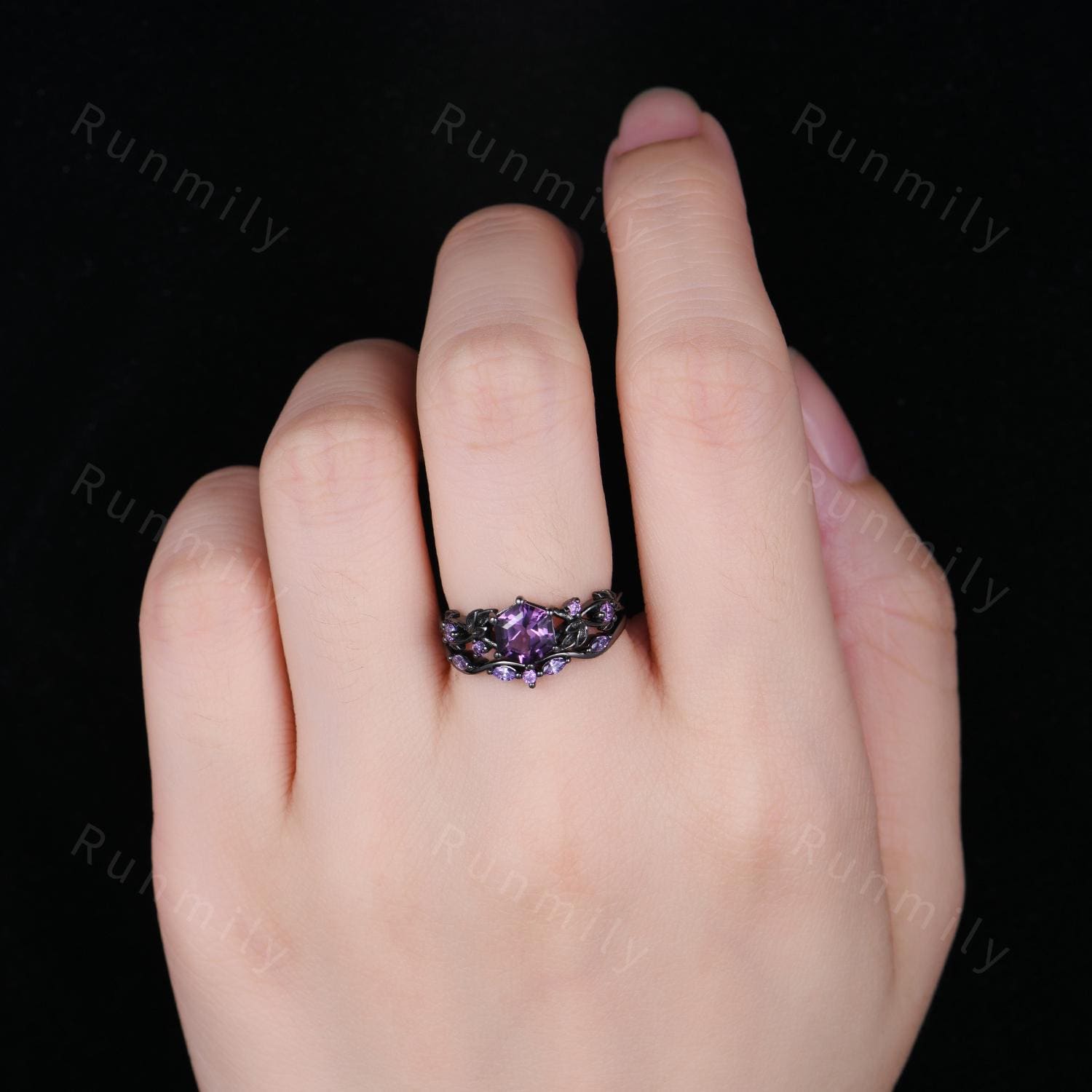 Hexagon cut Amethyst Engagement ring set Vintage amethyst wedding band Black gold branch leaf Bridal set Anniversary ring gift Gothic Ring