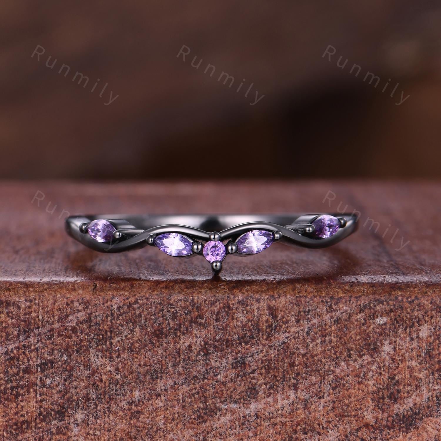 Hexagon cut Amethyst Engagement ring set Vintage amethyst wedding band Black gold branch leaf Bridal set Anniversary ring gift Gothic Ring