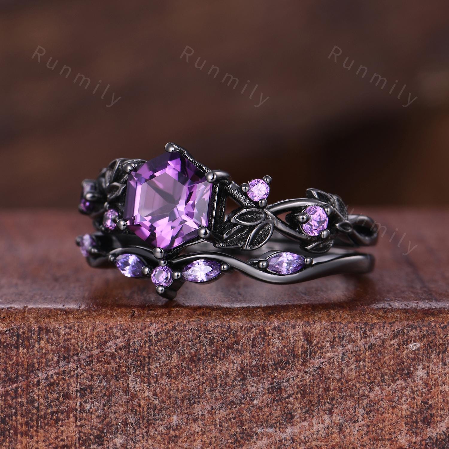Hexagon cut Amethyst Engagement ring set Vintage amethyst wedding band Black gold branch leaf Bridal set Anniversary ring gift Gothic Ring