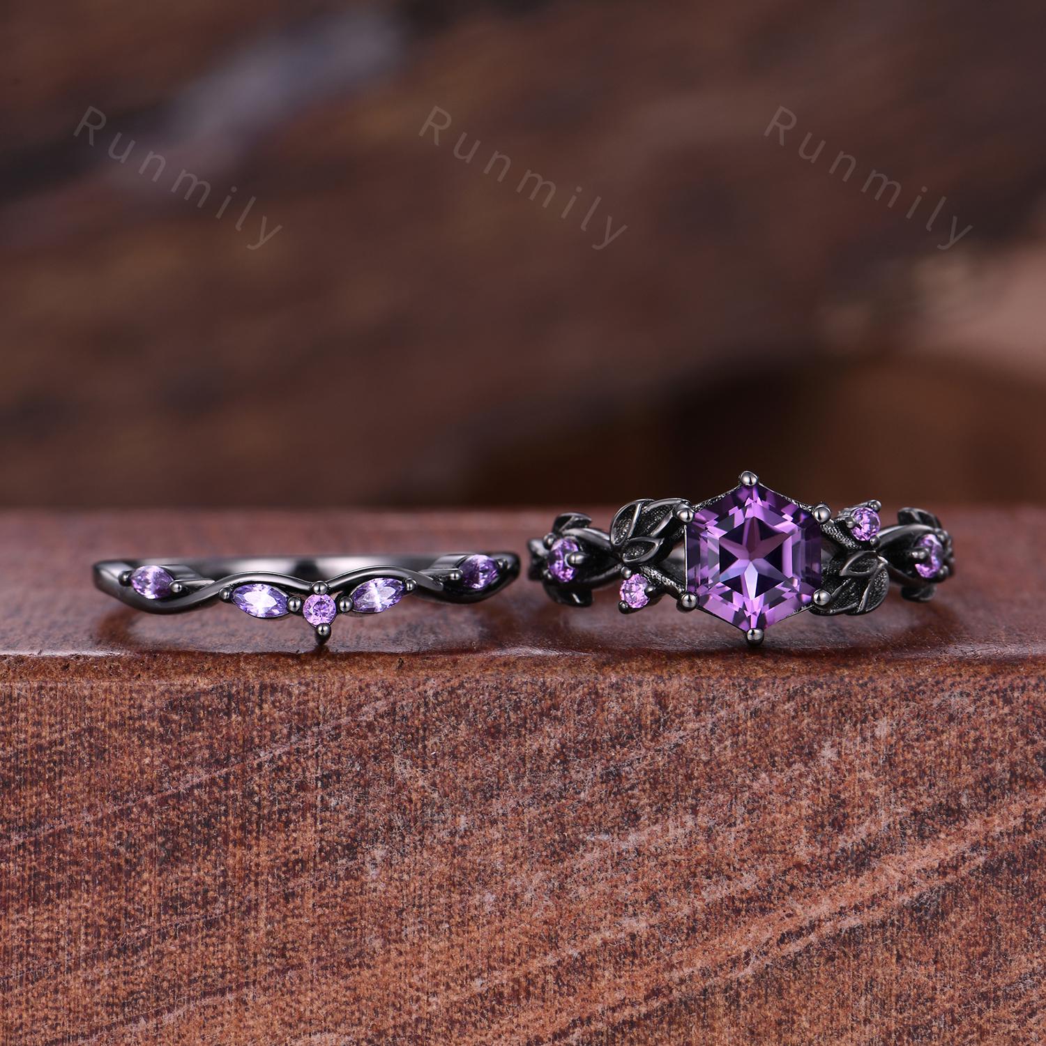 Hexagon cut Amethyst Engagement ring set Vintage amethyst wedding band Black gold branch leaf Bridal set Anniversary ring gift Gothic Ring