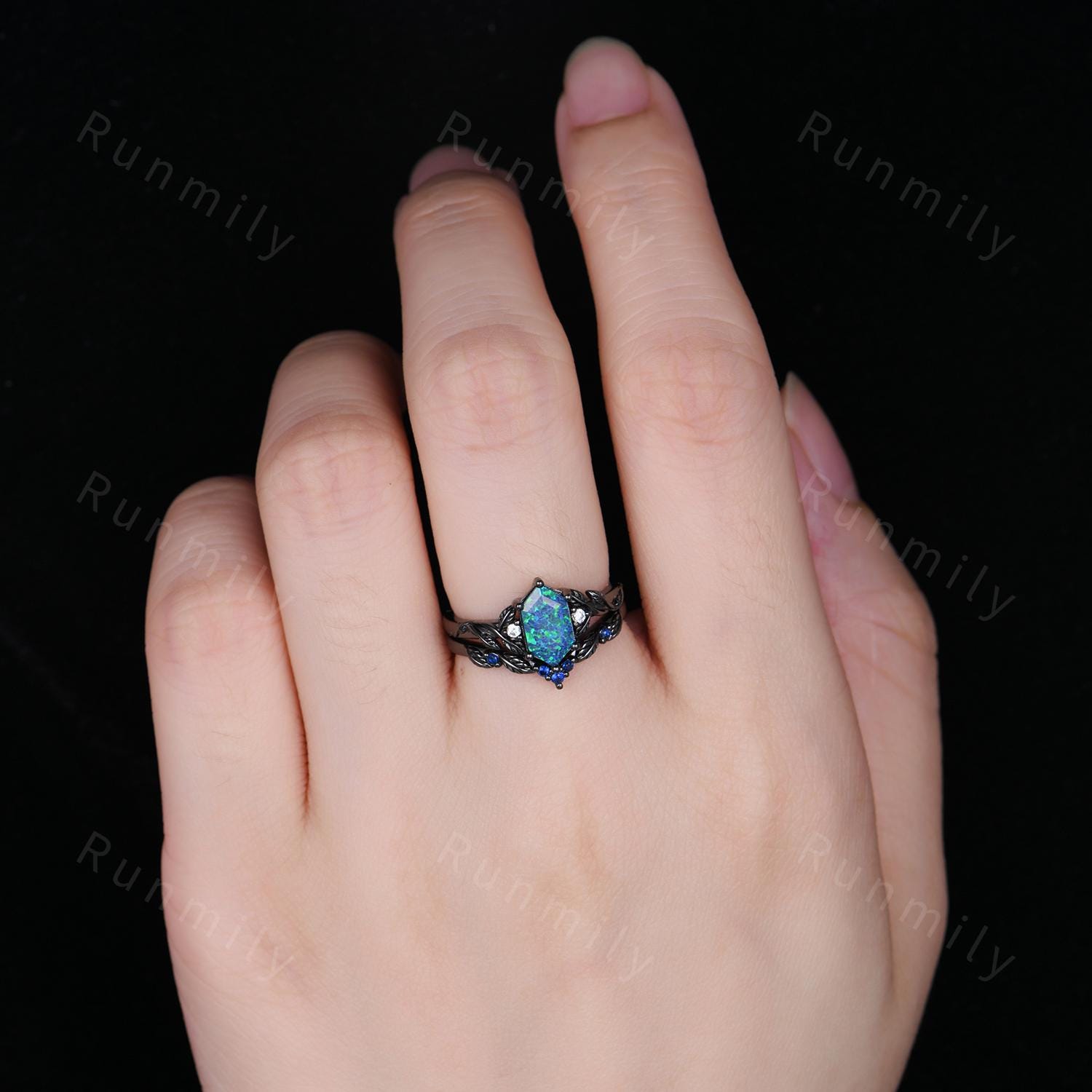 Vintage blue opal engagement ring set black gold twig leaf blue sapphire band nature branch ring unique art deco bridal Promise ring set