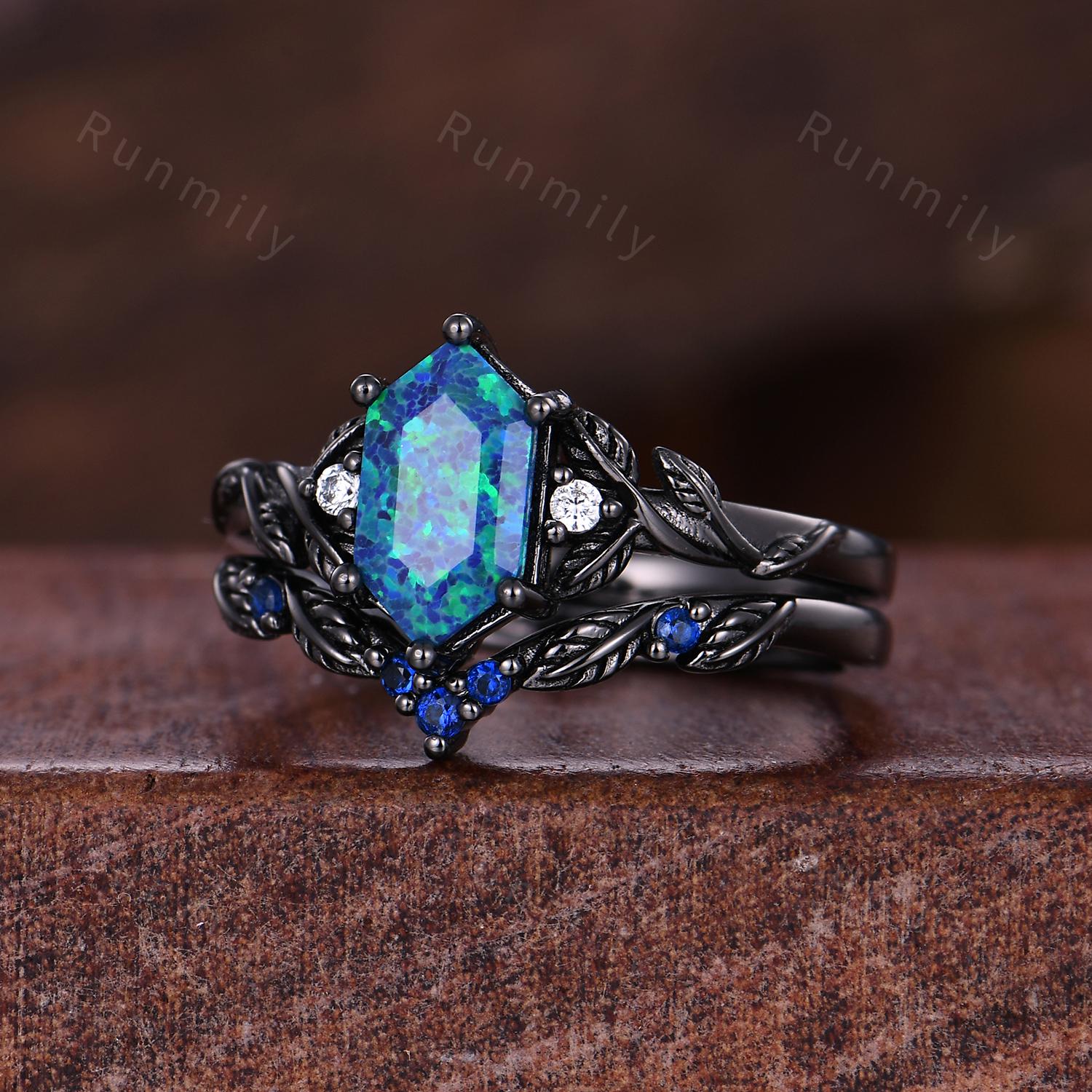 Vintage blue opal engagement ring set black gold twig leaf blue sapphire band nature branch ring unique art deco bridal Promise ring set