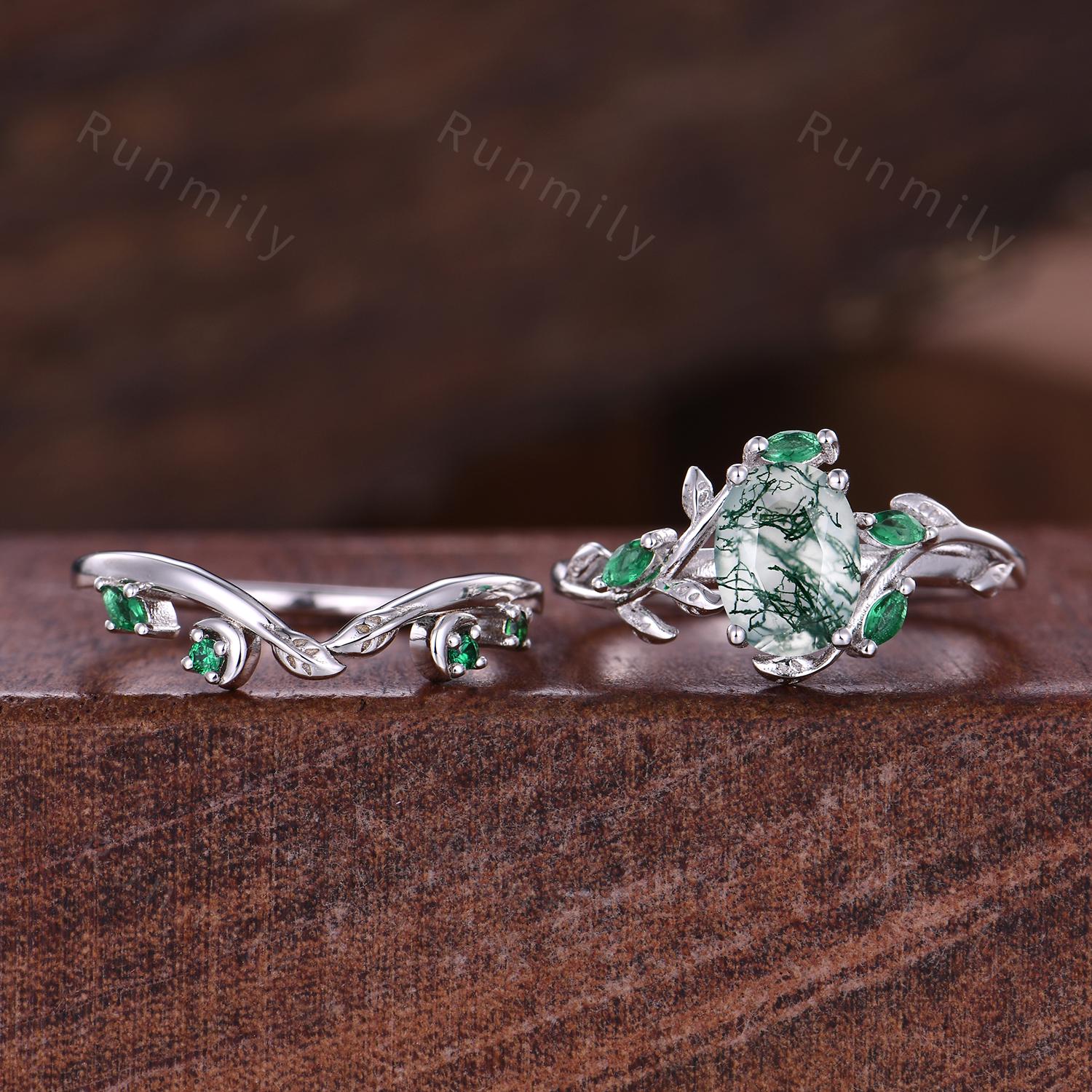 Moss Agate Emerald Engagement ring set Curved Leaf Emerald Stacking Wedding Band Oval cut Branch Ring Green Stones Bridal Promise Rings