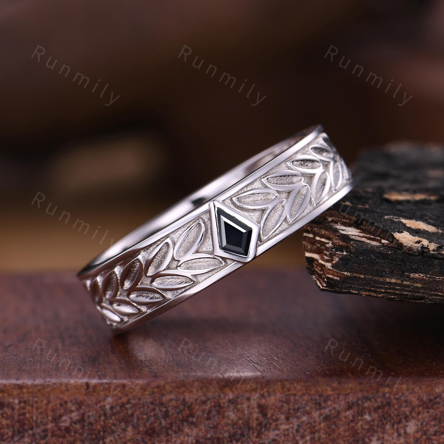 Leaf-Inspired Black Onyx Wedding Band Unique Kite cut Wedding Band Mens 5mm Ring His Engagement Ring Band Black Gemstone Ring For Husband
