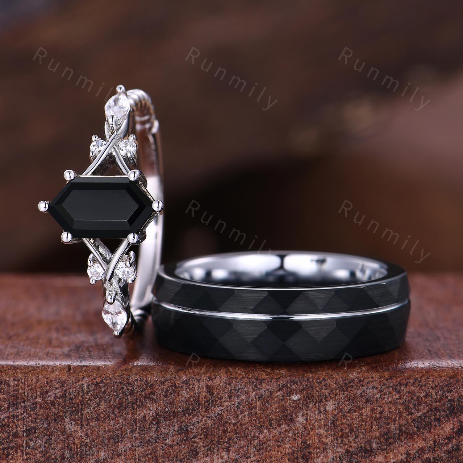 Vintage Black Onyx Couples Ring 925 Silver Matching Ring Set His And Hers Wedding Band Promise Ring For Men For Women Natural Black Gemstone