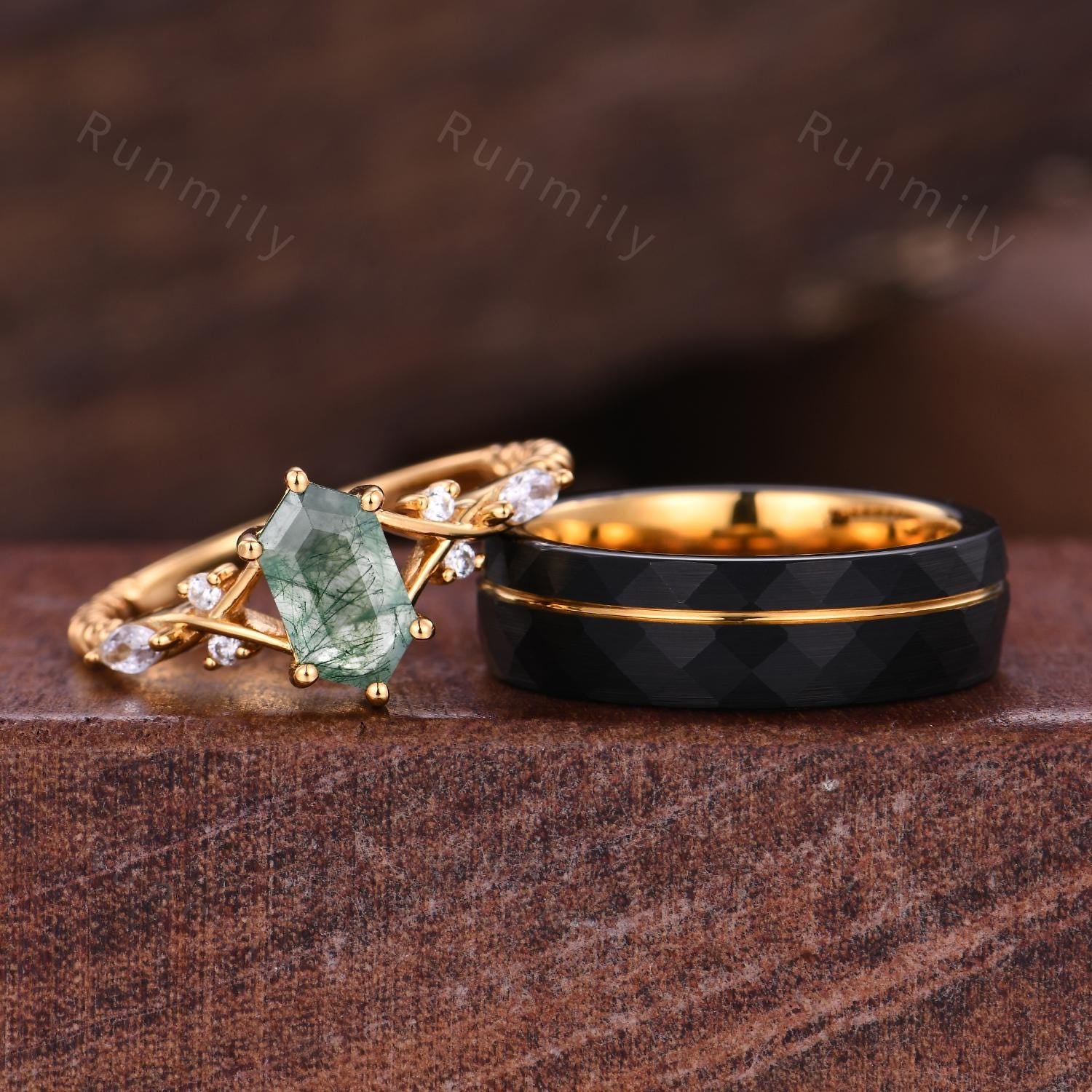 Vintage Moss Agate Couples Ring Yellow Gold Matching Ring Set His and Her Wedding Band Promise Rings For Men For Women Natural Moss Agate