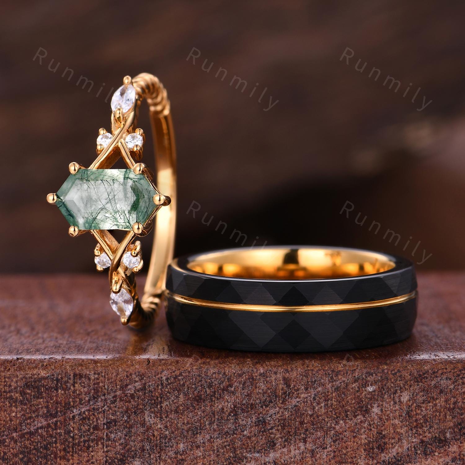 Vintage Moss Agate Couples Ring Yellow Gold Matching Ring Set His and Her Wedding Band Promise Rings For Men For Women Natural Moss Agate