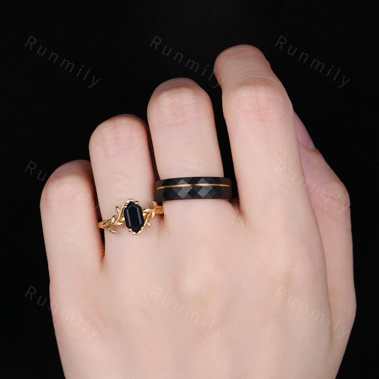 Vine Leaf Black Onyx Couples Ring Yellow Gold Matching Ring Set His and Hers Wedding Band Promise Ring For Men For Women Black Gemstone Ring