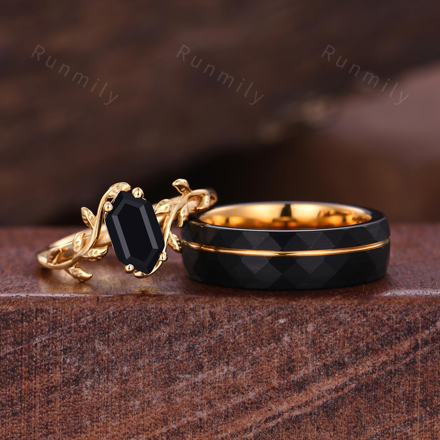 Vine Leaf Black Onyx Couples Ring Yellow Gold Matching Ring Set His and Hers Wedding Band Promise Ring For Men For Women Black Gemstone Ring
