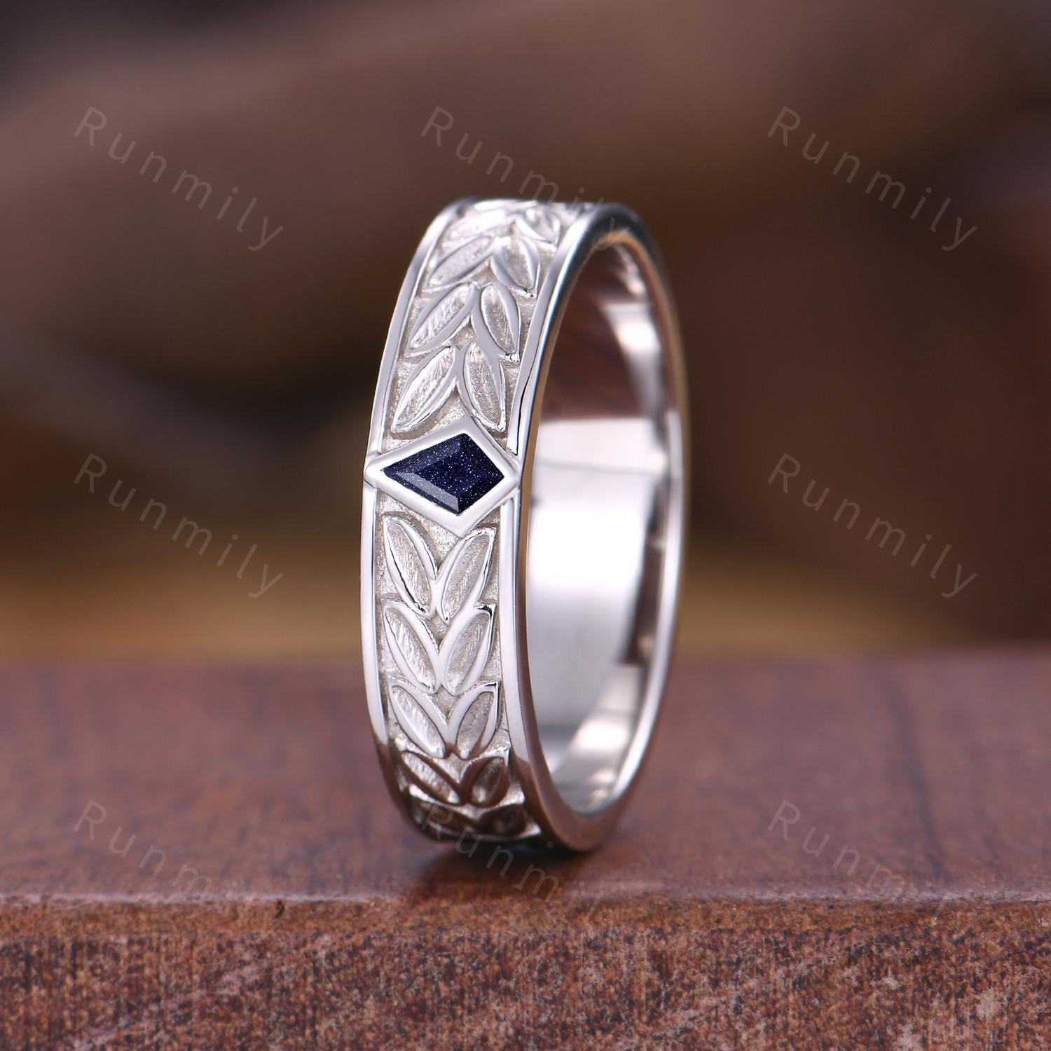 Galaxy Sandstone Mens Wedding Band Unique Kite cut Wedding Band Mens Leaf-Inspired Ring His Engagement Band Rings For Husband For Father