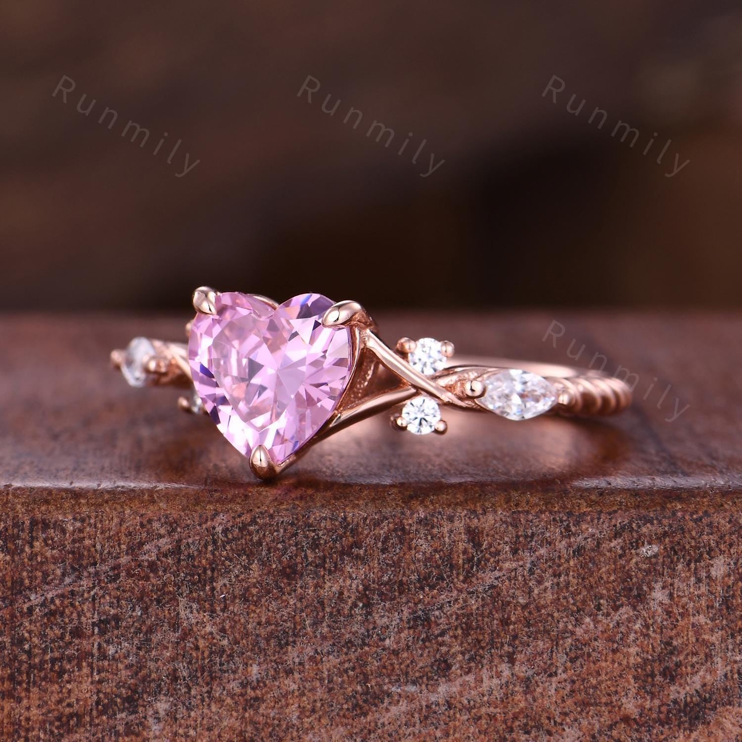 Vintage heart shape pink diamond ring vintage rose gold engagement ring unique twig twisted moissanite wedding ring bridal promise ring