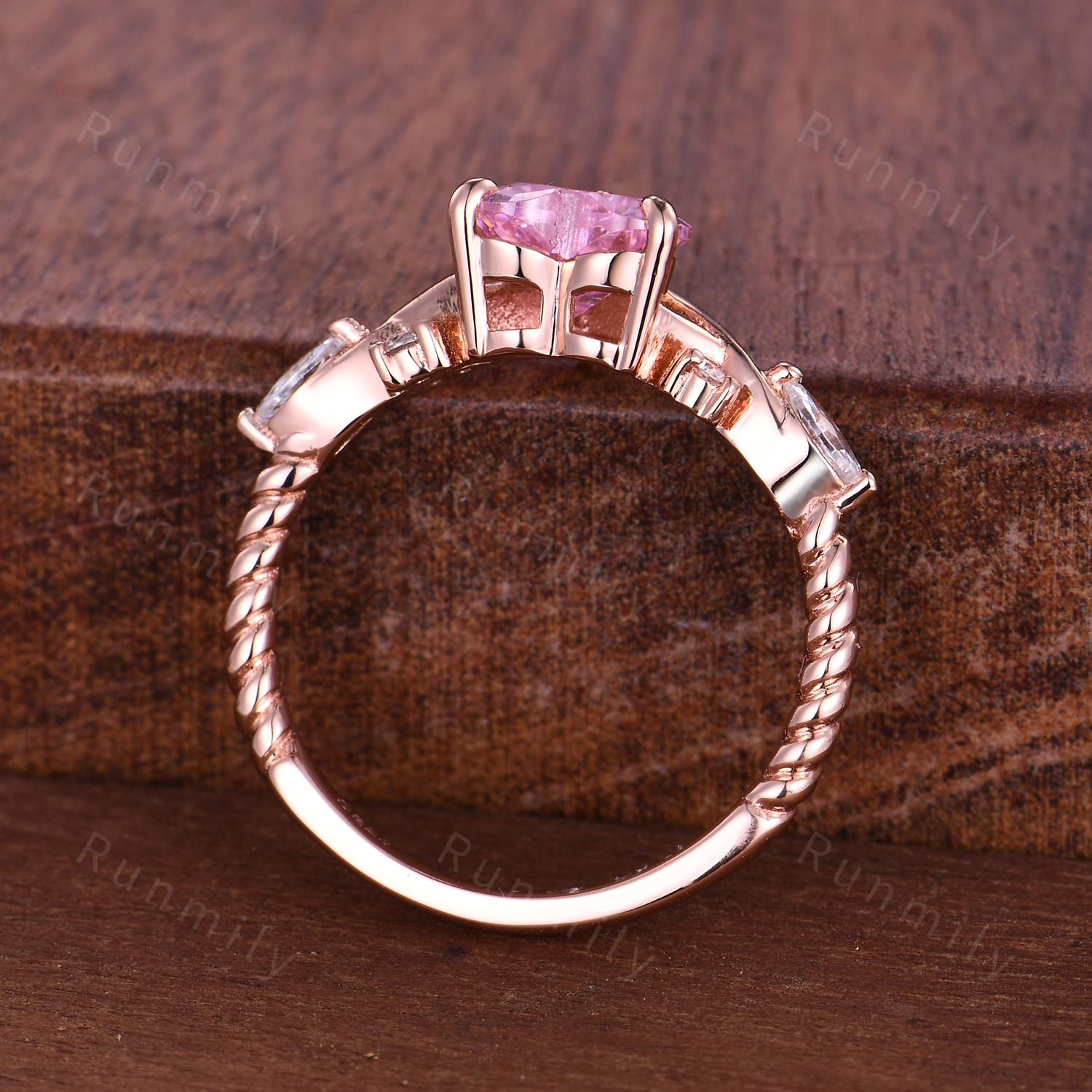 Vintage heart shape pink diamond ring vintage rose gold engagement ring unique twig twisted moissanite wedding ring bridal promise ring